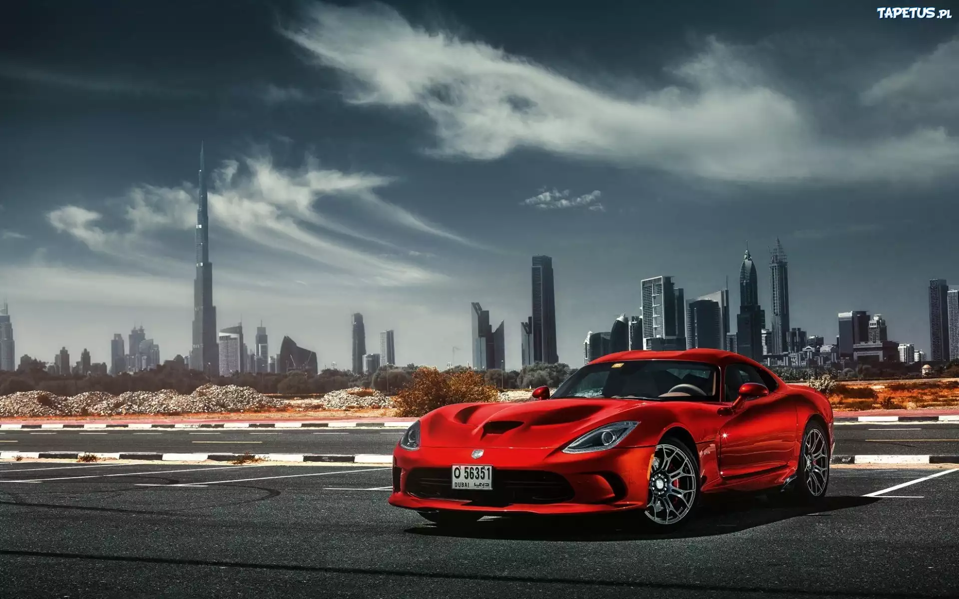 Miasto, Dubaj, Czerwony, Sportowy, Samochód, Dodge, Viper, Burj Khalifa
