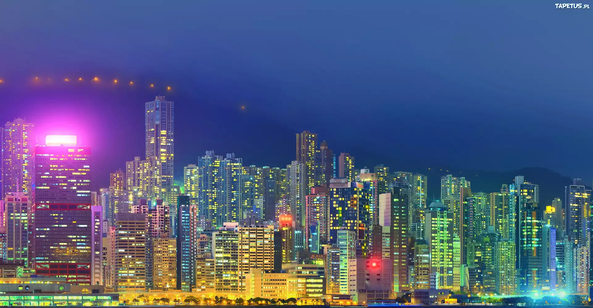 Hong, Kong, Nocą, Drapacze, Chmur