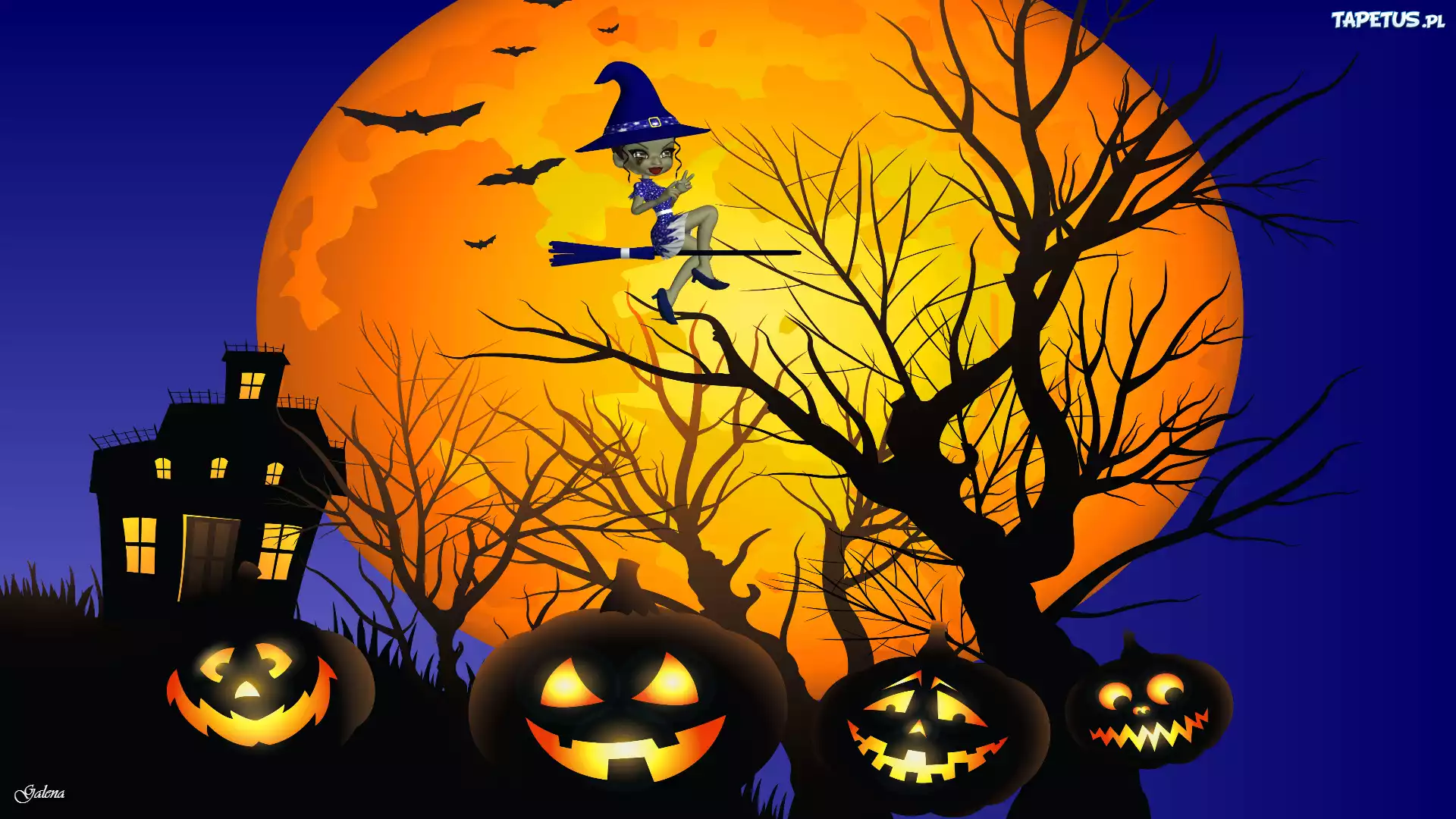 Halloween, Wiedźma, Księżyc, Dynie, Grafika