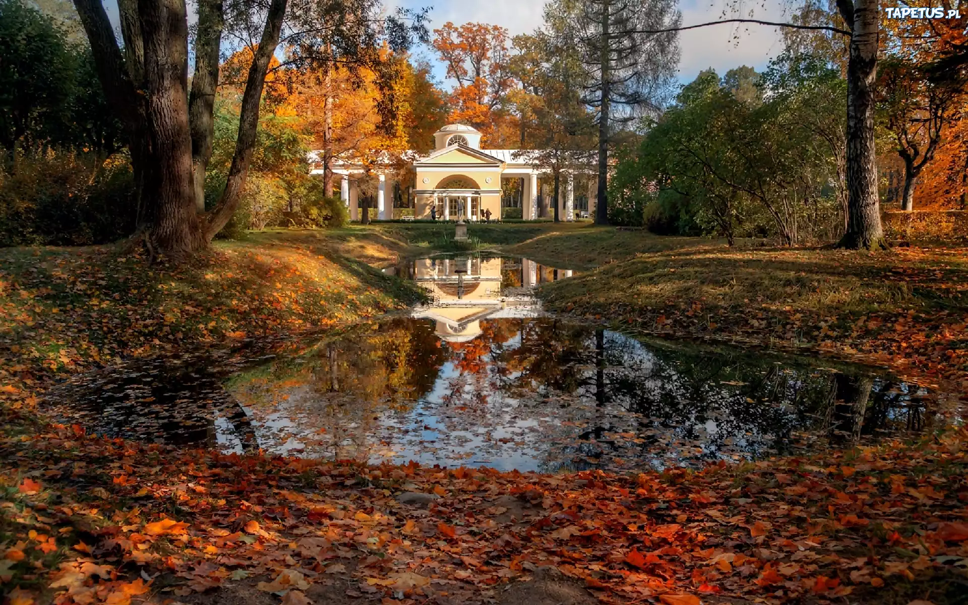 Jesień, Park, Staw, Biała, Budowla
