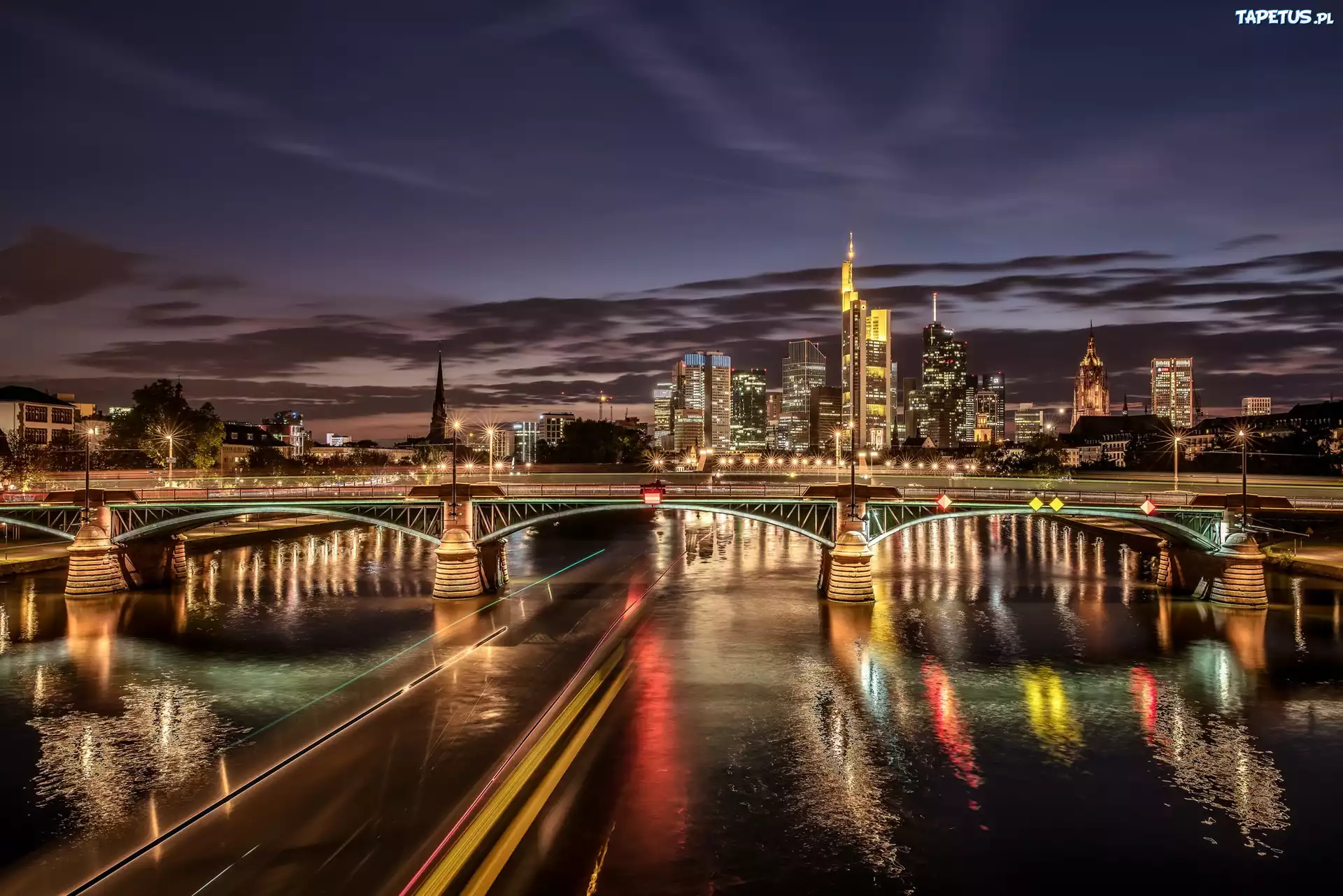 Niemcy, Frankfurt, Rzeka, Most, Miasto, Noc