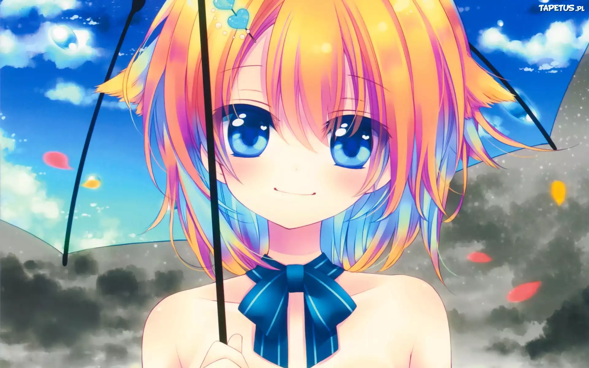 Dziewczyna, Kokarda, Parasolka, Niebo, Chmury, Manga, Anime