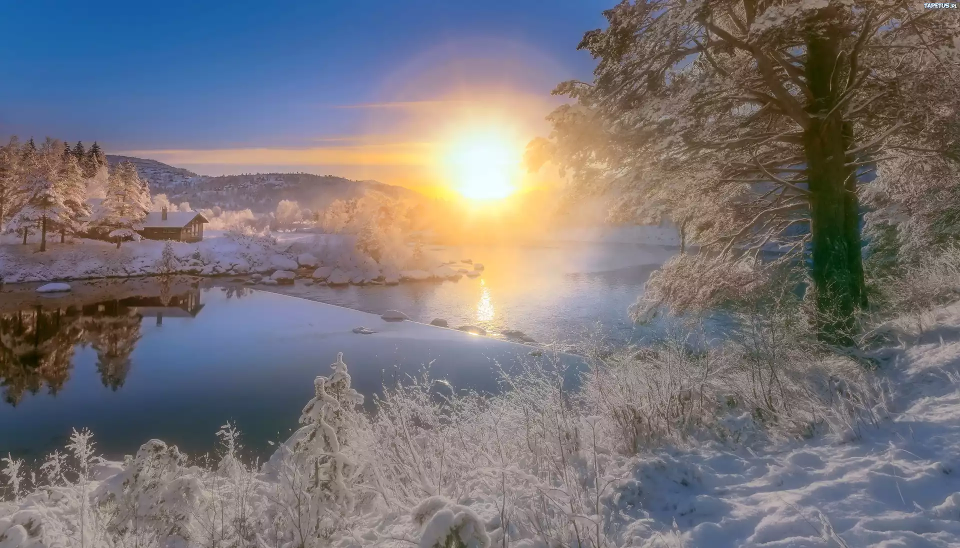 снег зима закат река snow winter sunset river бесплатно