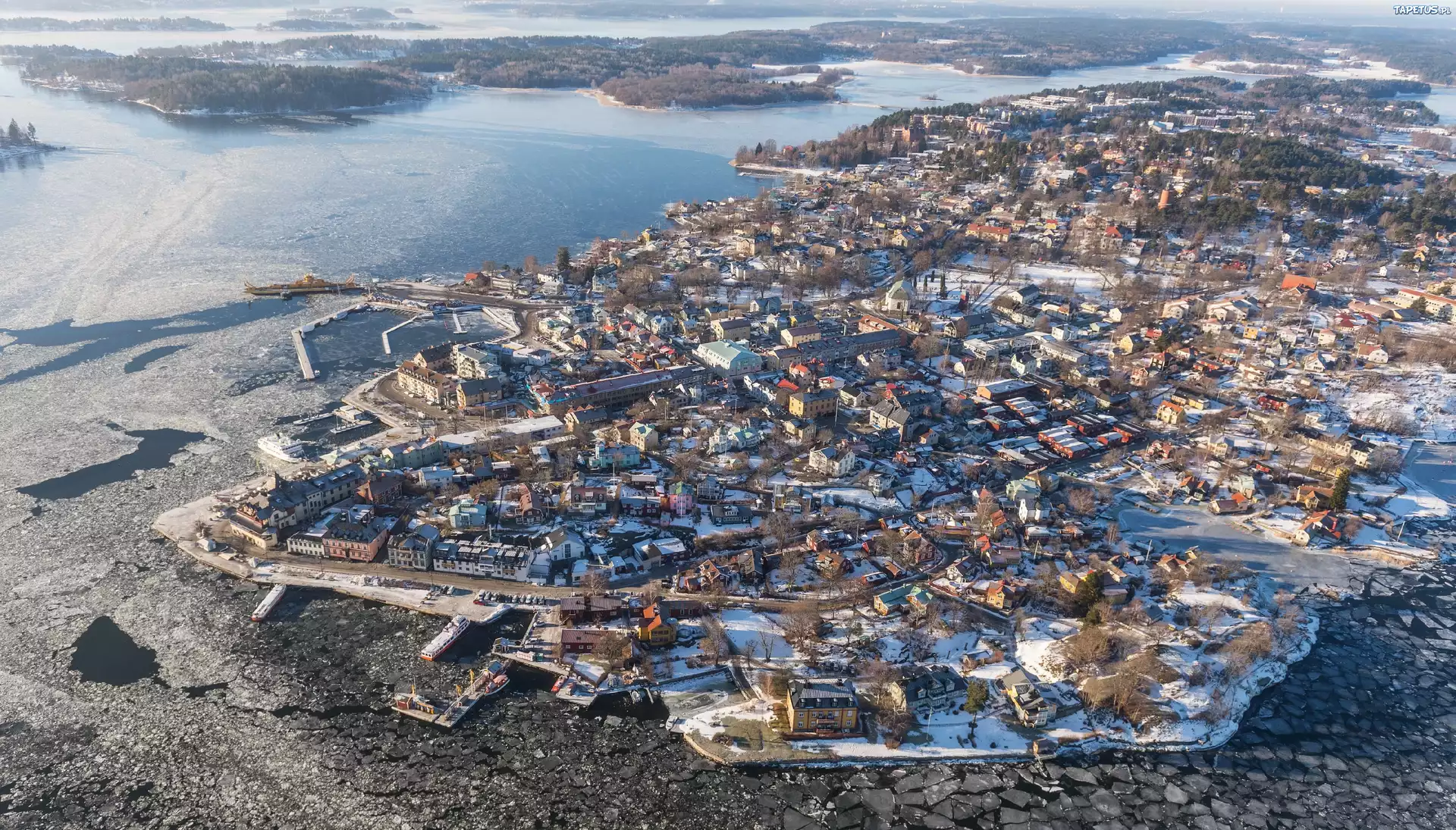Szwecja, Vaxholm, Miasto, Wyspa, Zima, Z lotu ptaka