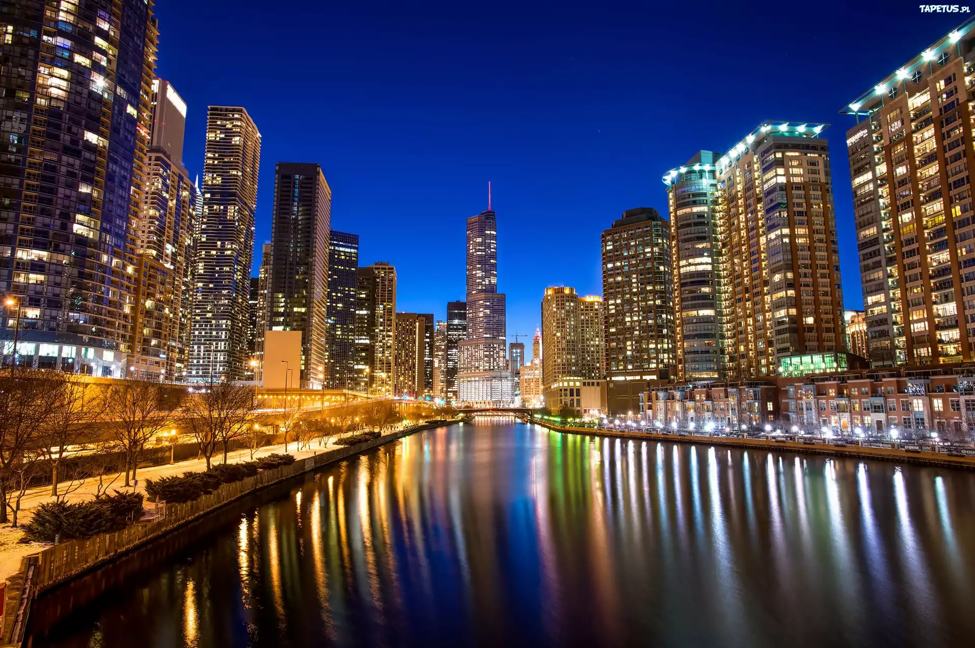 Drapacze chmur, Rzeka, Chicago, Miasto, Noc