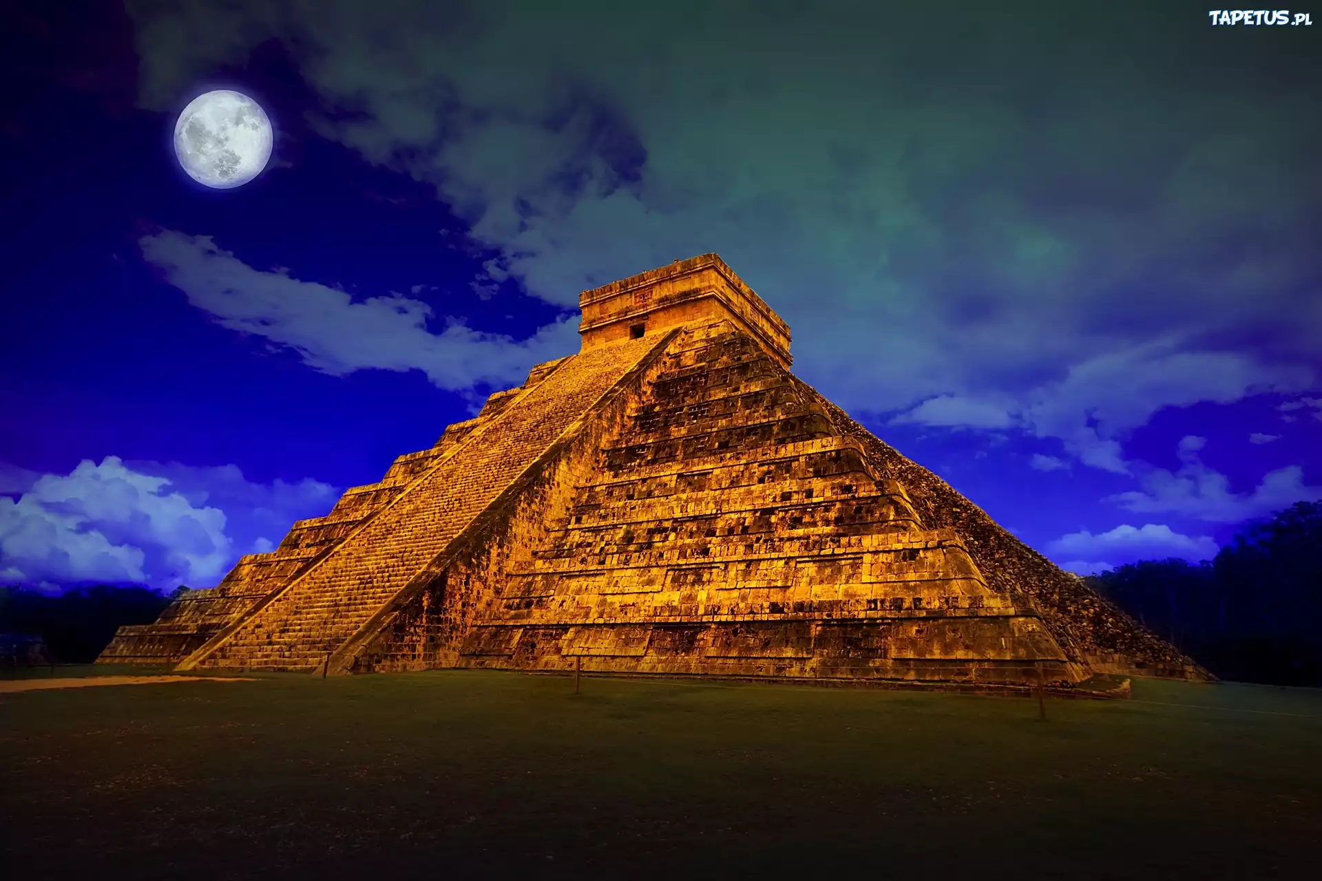 Meksyk, Chichén Itzá, Piramida, Świątynia, Kukulkana, Księżyc, Niebo, Chmury