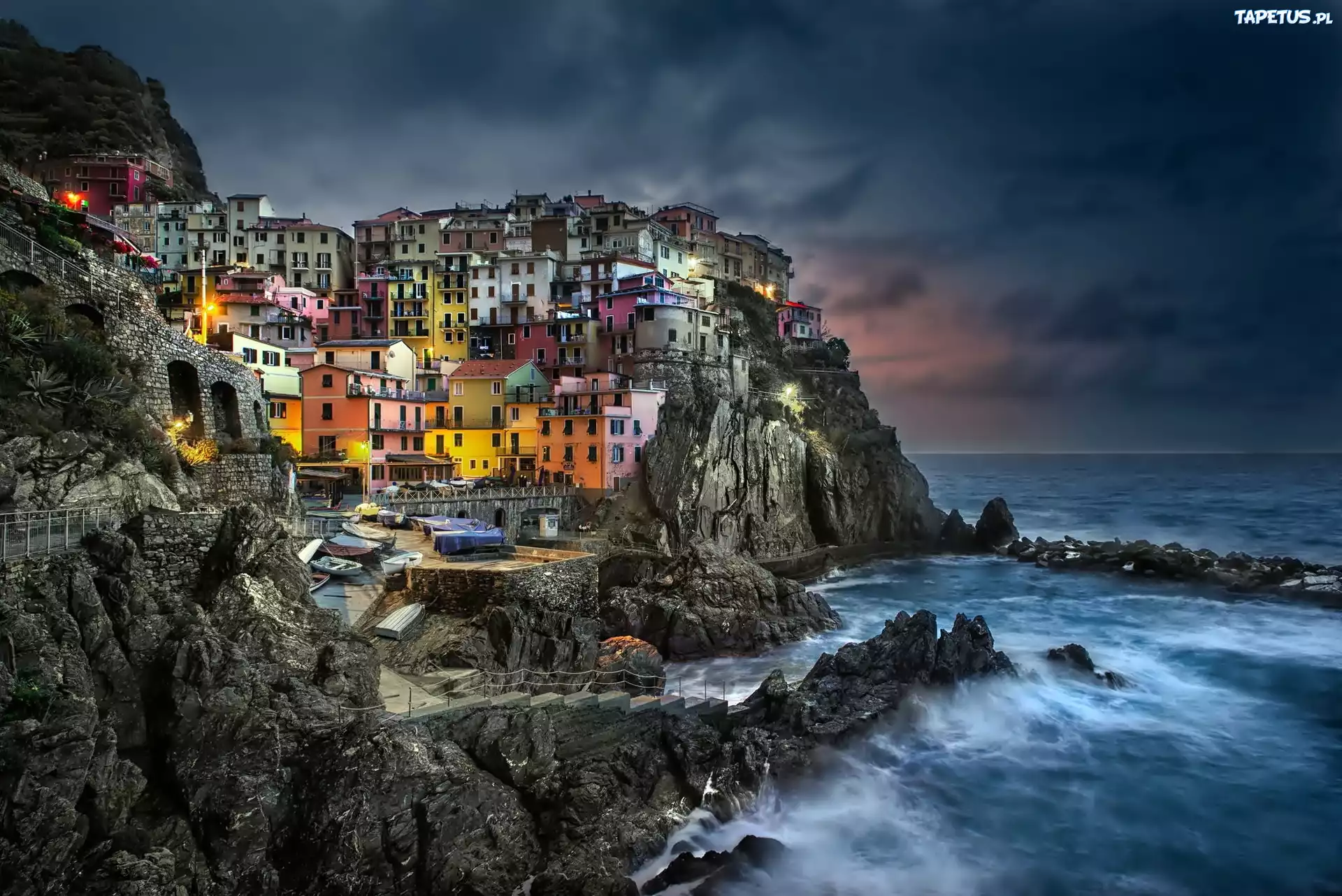 Morze, Domy, Noc, Manarola, Włochy
