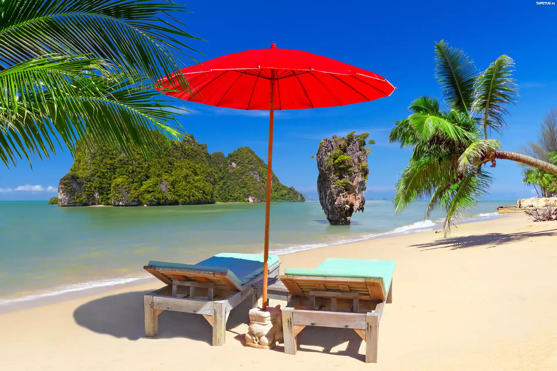 Tajlandia, Morze, Plaża, Leżaki, Parasol, Palmy