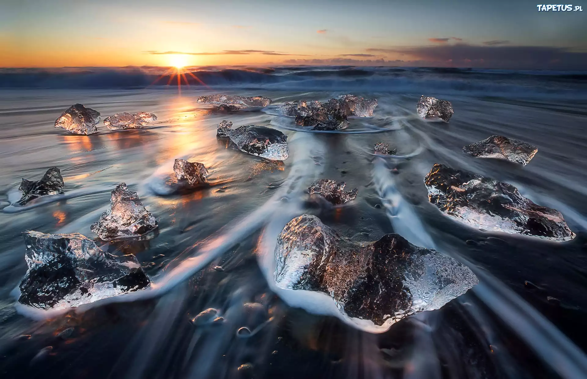 Vatnajökull, Islandia, Morze, Lód, Fale, Wschód Słońca