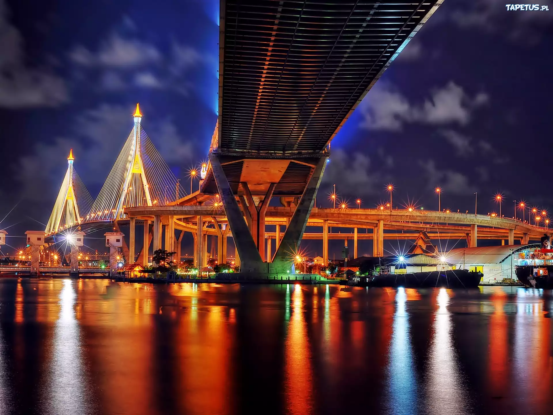 Bangkok, Nocą, Morze, Most, Tajlandia
