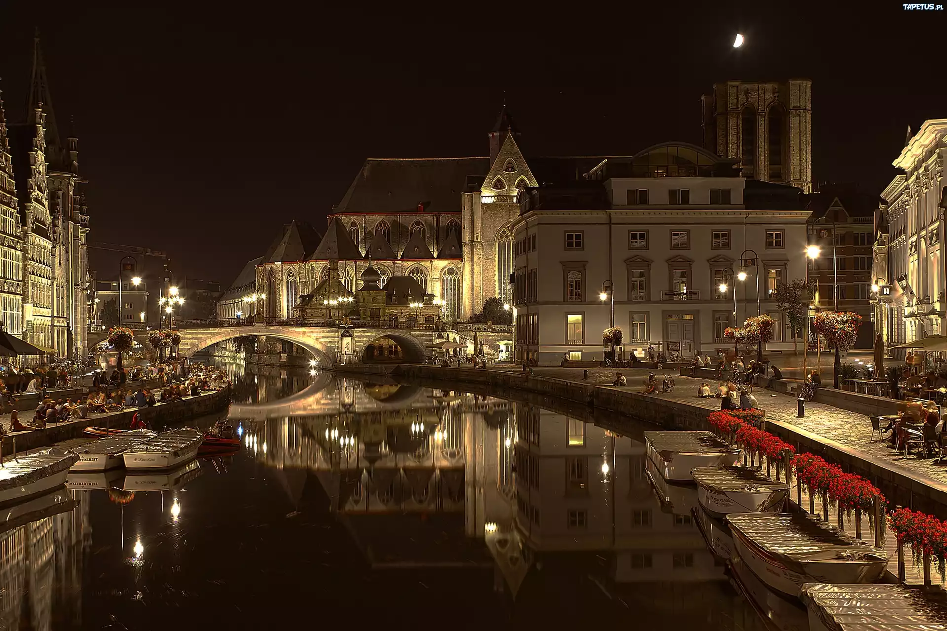 Miasto, Nocą, Belgia, Kanał, Most, Deptak, Budynki