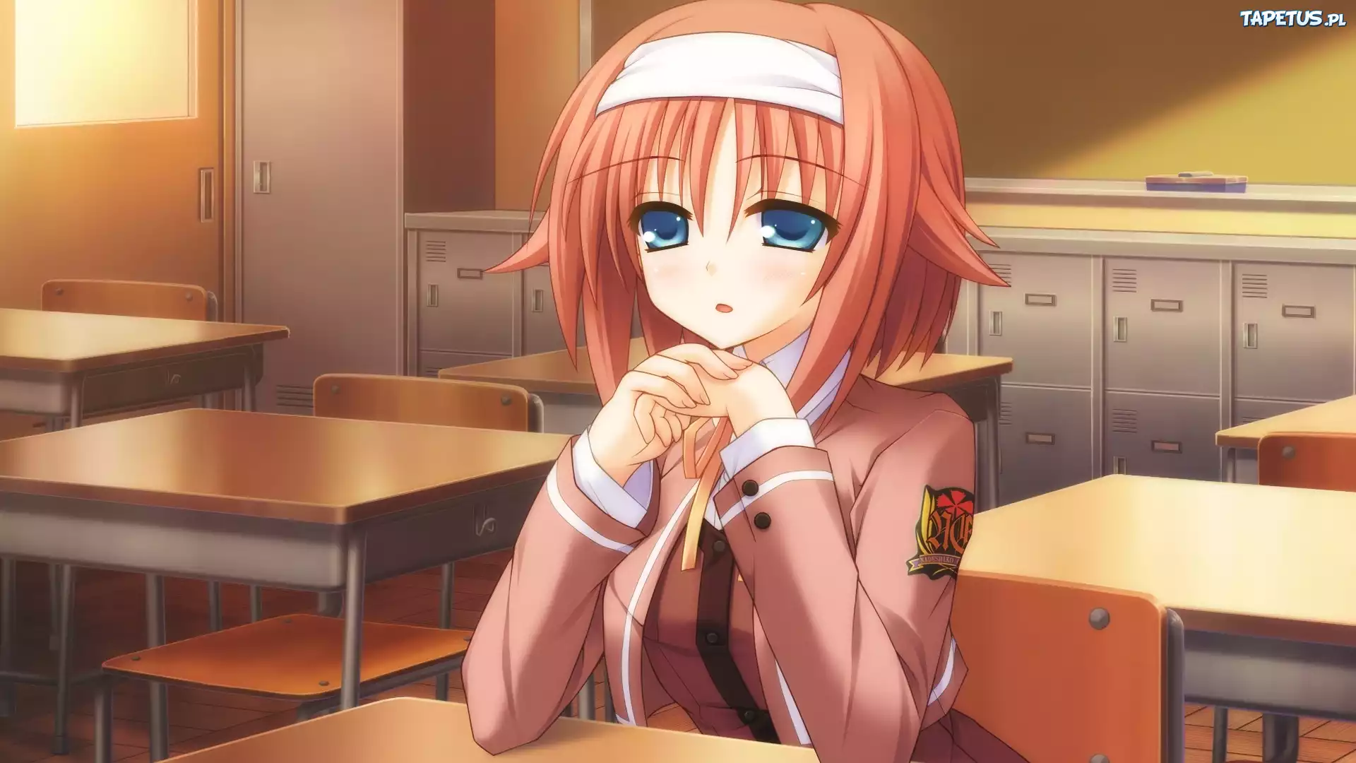 Dziewczyna, Sala, Stoliki, Krzesła, Szafki, Tablica, Drzwi, Manga, Anime