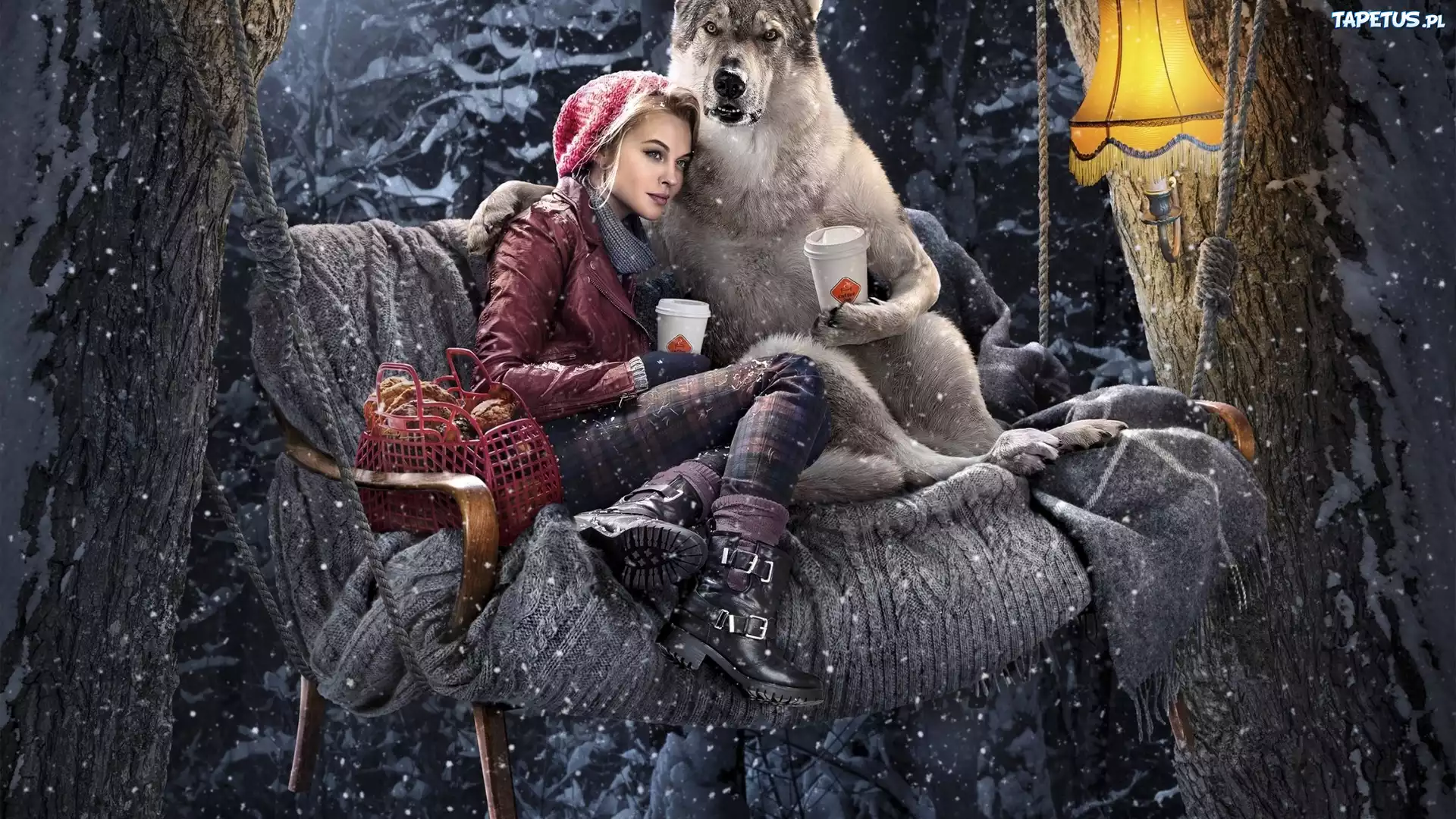 Fantasy, Dziewczyna, Wilk, Zima, Ławka, Lampa