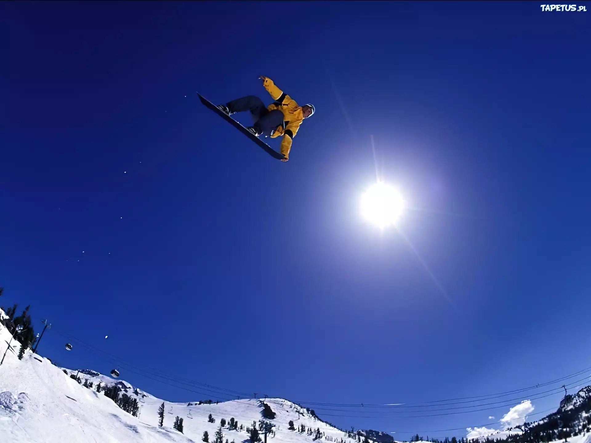 Snowbording, deska, snowboardzista, śnieg,słońce