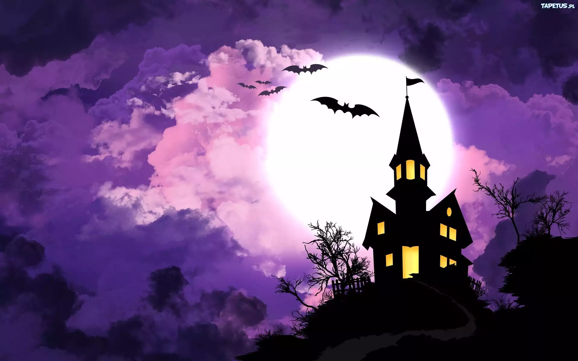 Halloween, Dom, Księżyc, Nietoperze, Noc