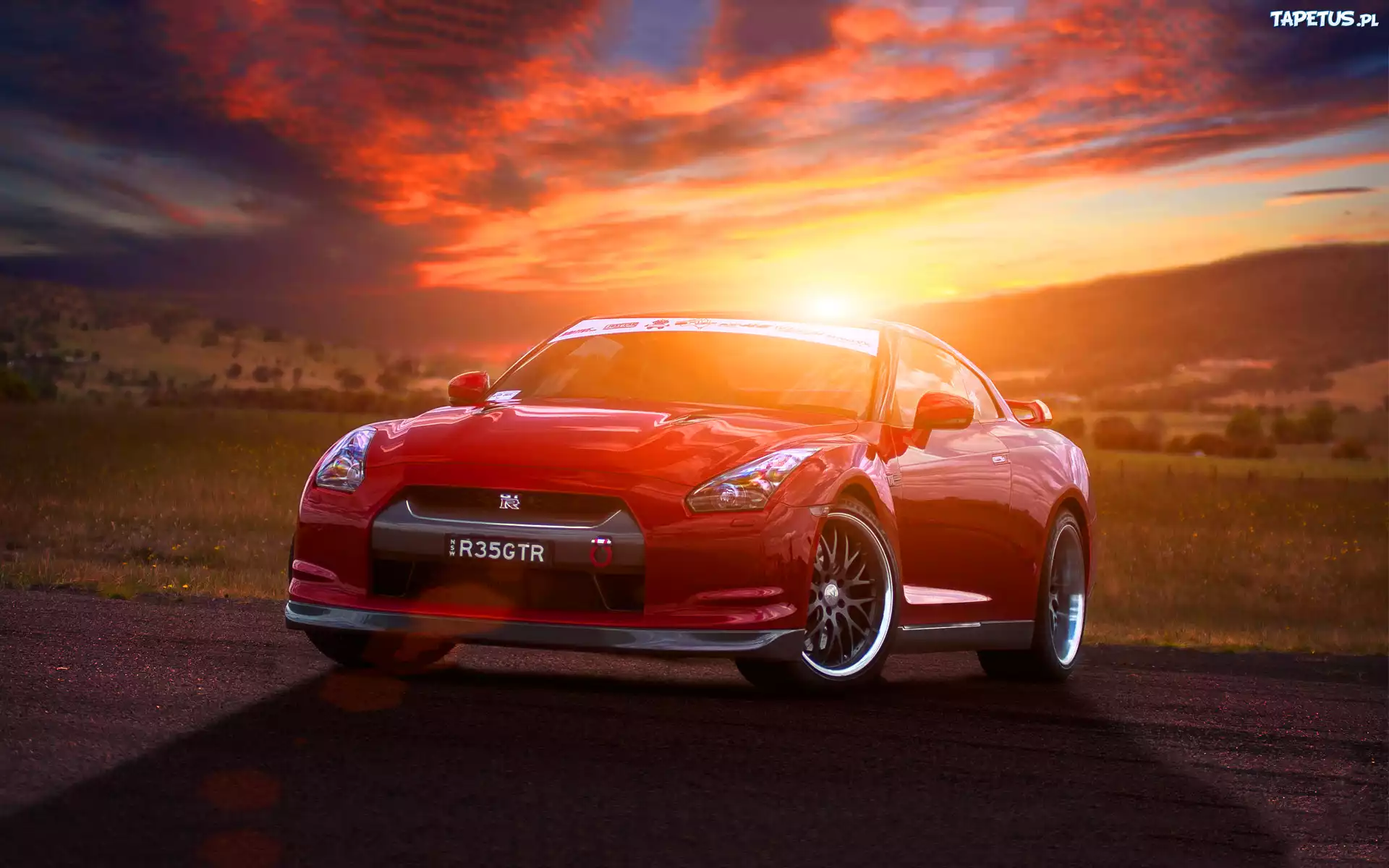 Samochód, Czerwony, Nissan Gtr35, Droga, Zachód Słońca