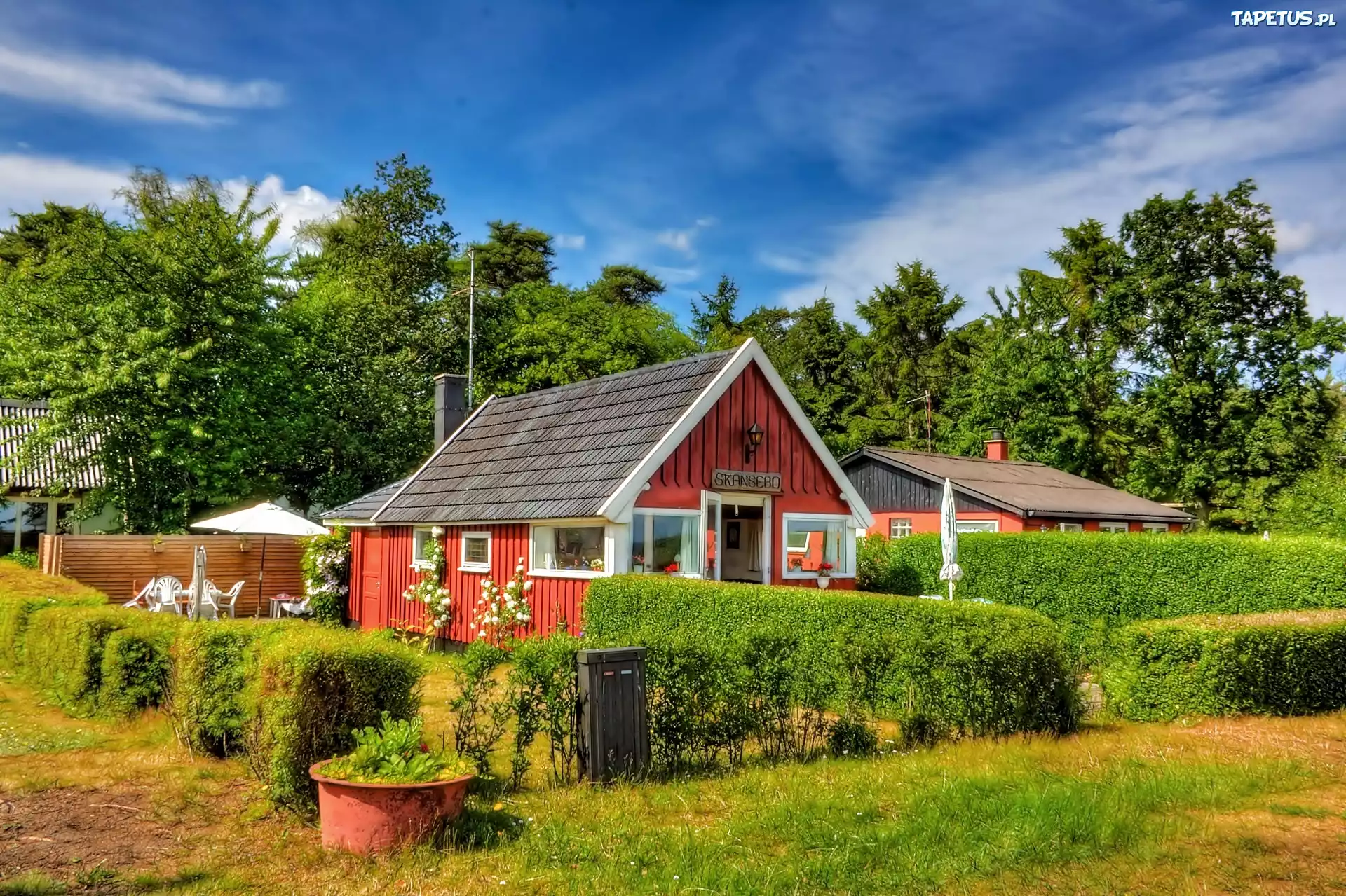 Wieś, Skansen, Ogródki, Drzewa, Obłoki, Przebijające, Światło