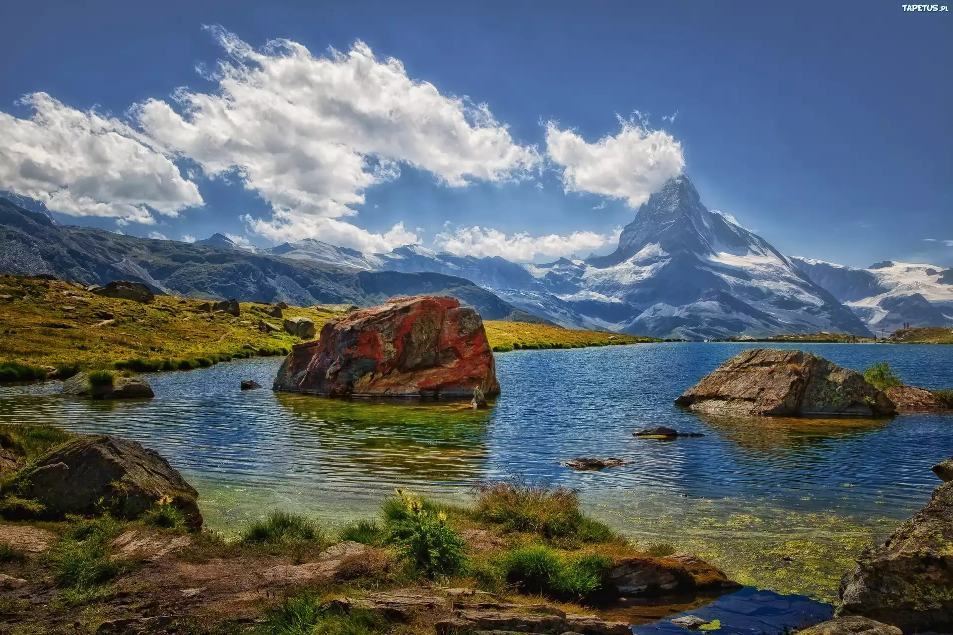 Alpy, Szczyt, Matterhorn, Jezioro, Głazy, Roślinność