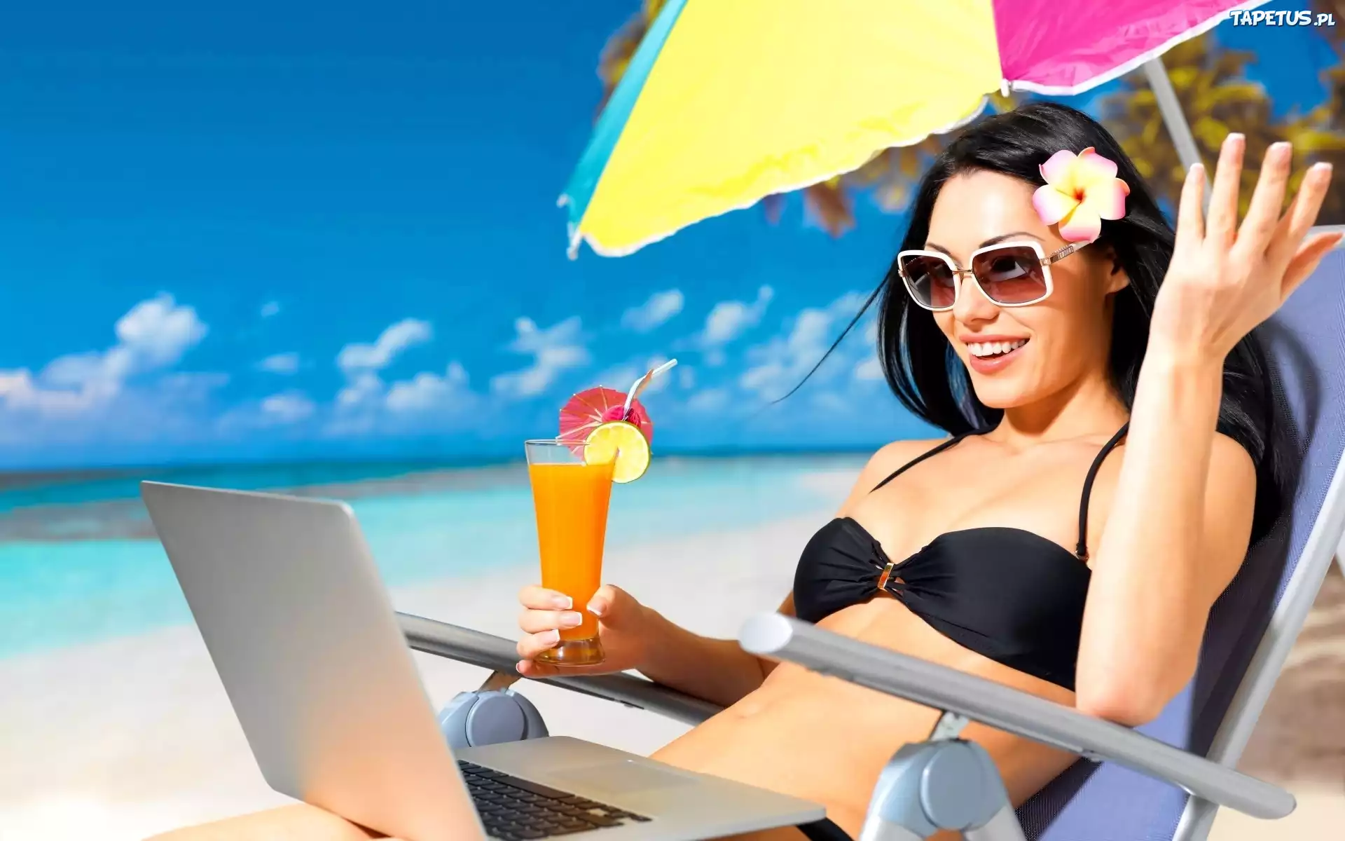 Morze, Plaża, Kobieta, Okulary, Drink, Laptop