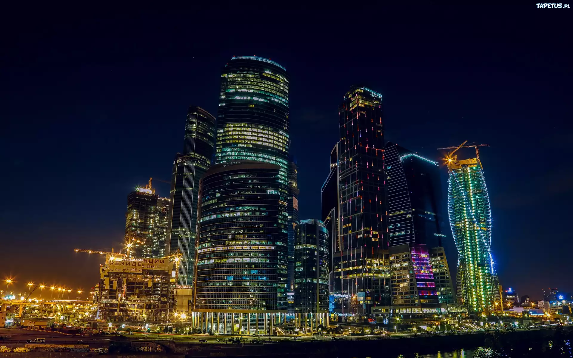 Rosja, Moskwa, Miasto, Noc, Drapacze Chmur