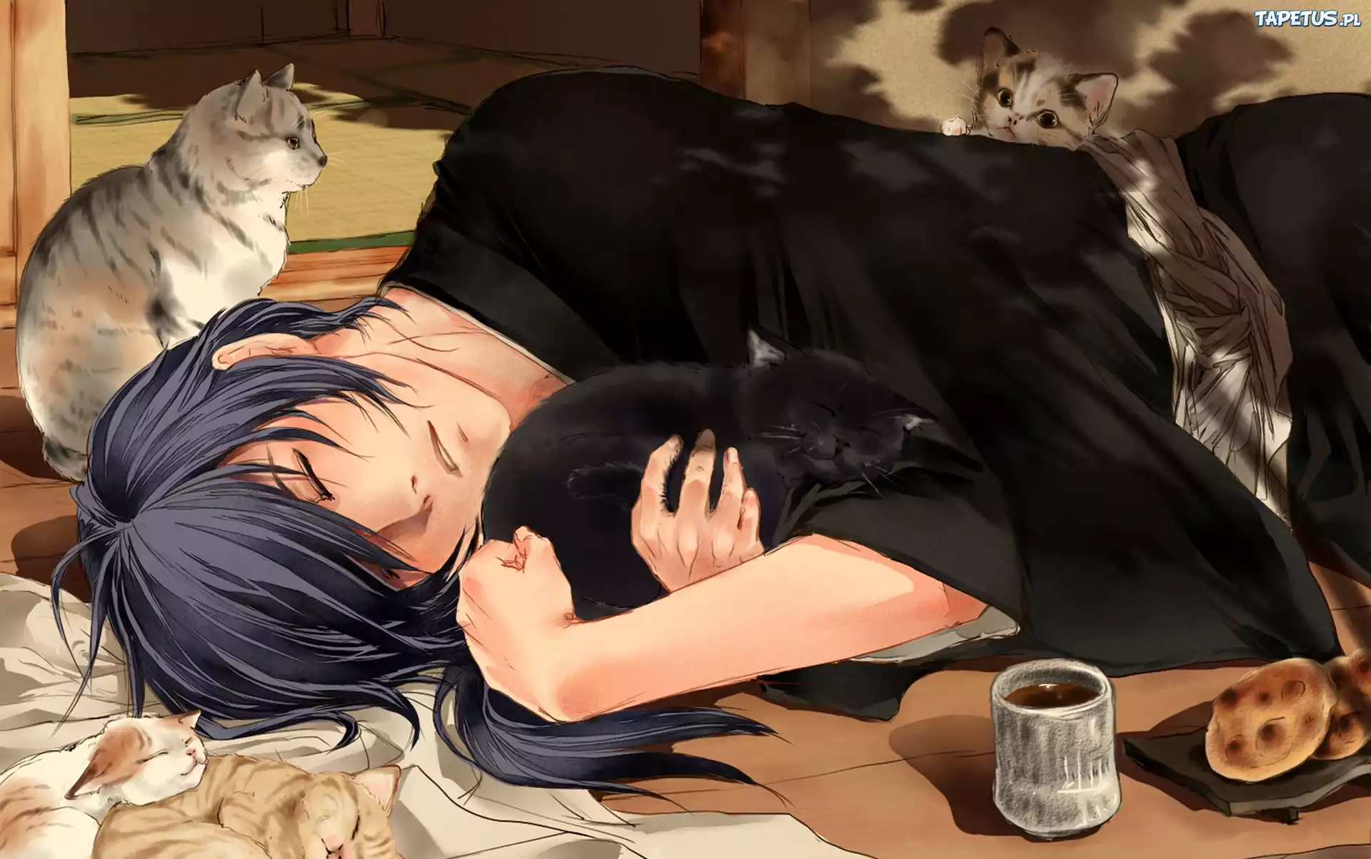 Mężczyzna, Koty, Kubek, Ciastka, Rysunek, Manga, Anime