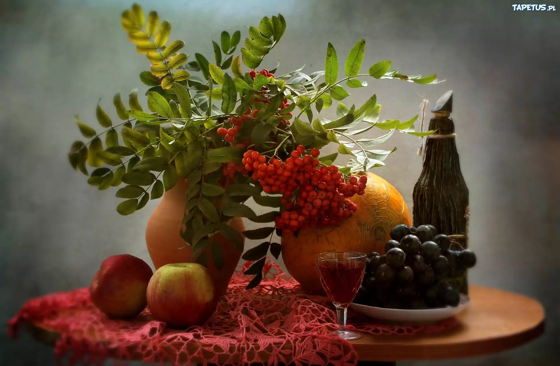 Kompozycja, Wazon, Jarzębina, Jabłka, Winogrona, Melon, Butelka, Wino