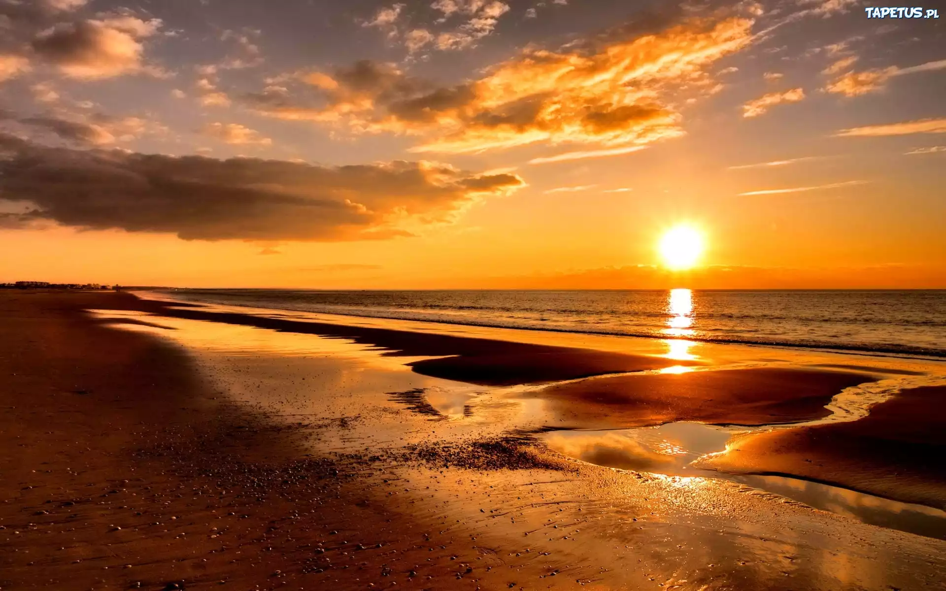 Zachód, Słońca, Plaża, Brzeg, Piasek, Morze
