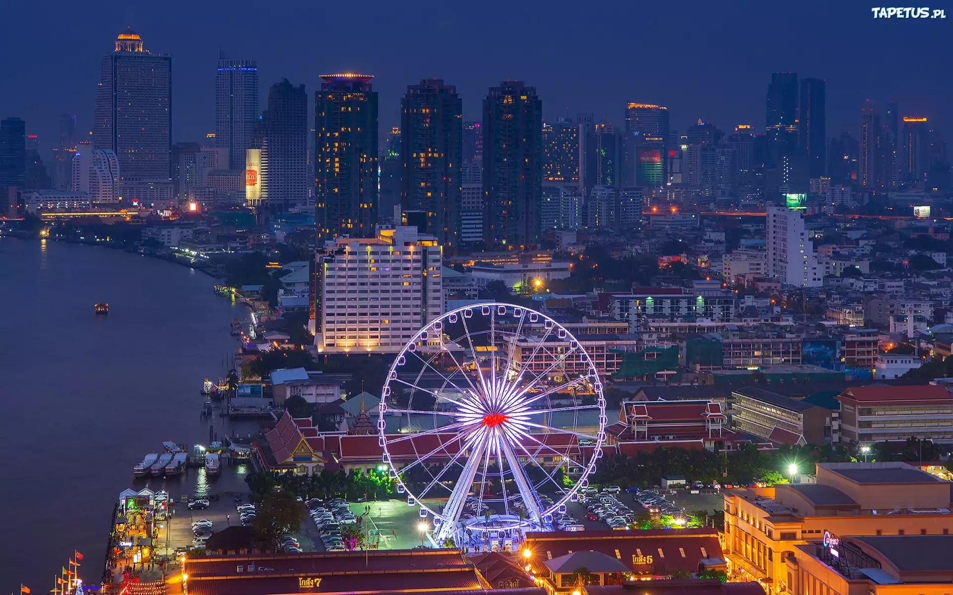 Drapacze, Chmur, Wieżowce, Rzeka, Łodzie, Panorama, Miasta, Noc, Bangkok, Tajlandia