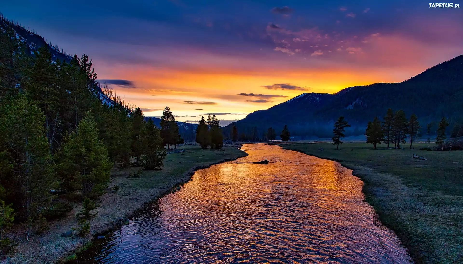 Rzeka, Góry, Niebo, Park, Yellowstone