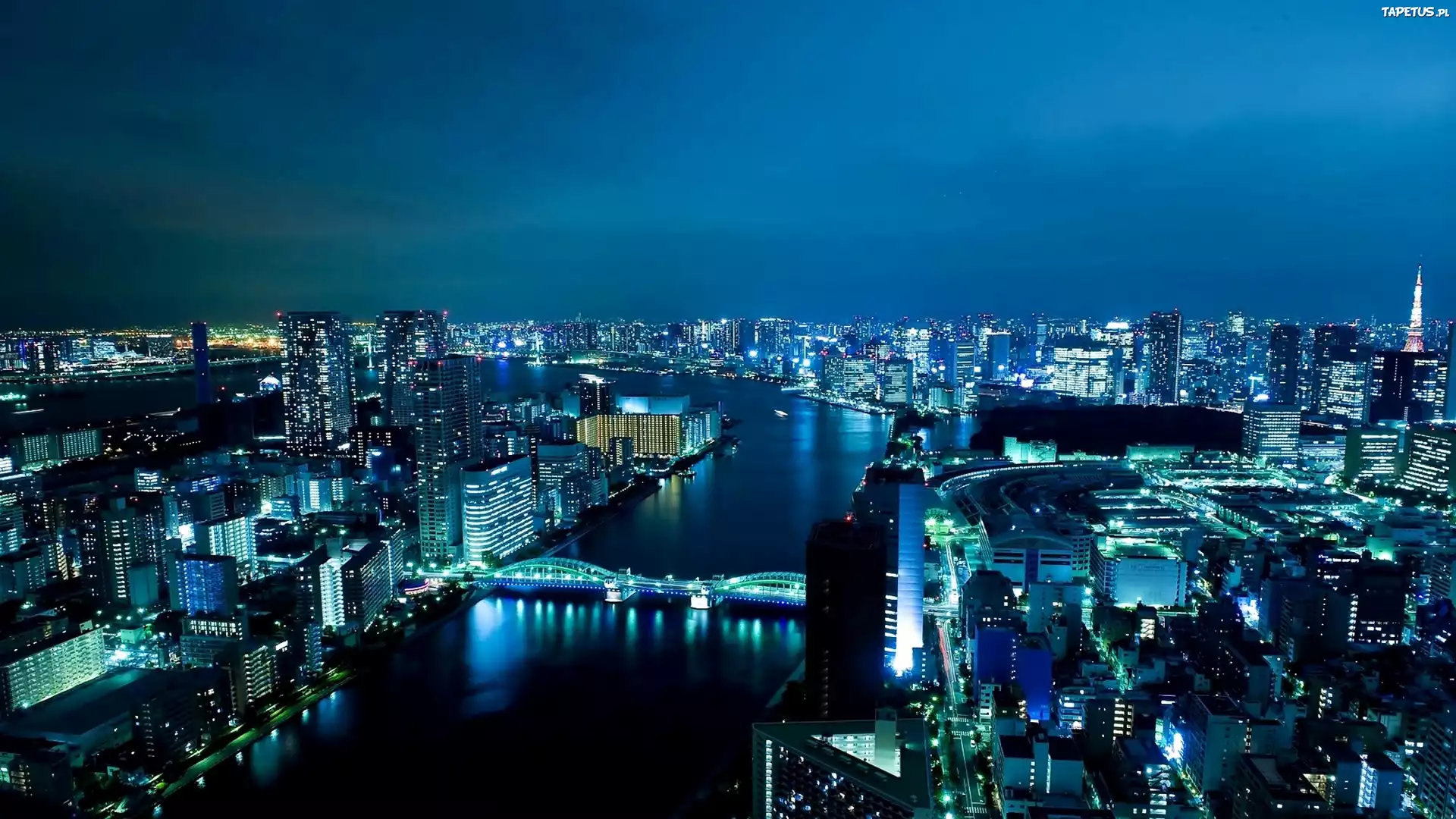 Drapacze, Chmur, Rzeka, Sumida, Most, Tokio, Nocna, Panorama, Miasta