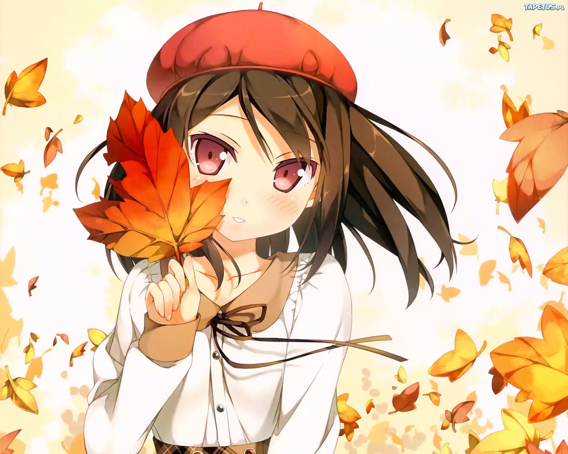 Dziewczyna, Beret, Liście, Jesień, Manga, Anime