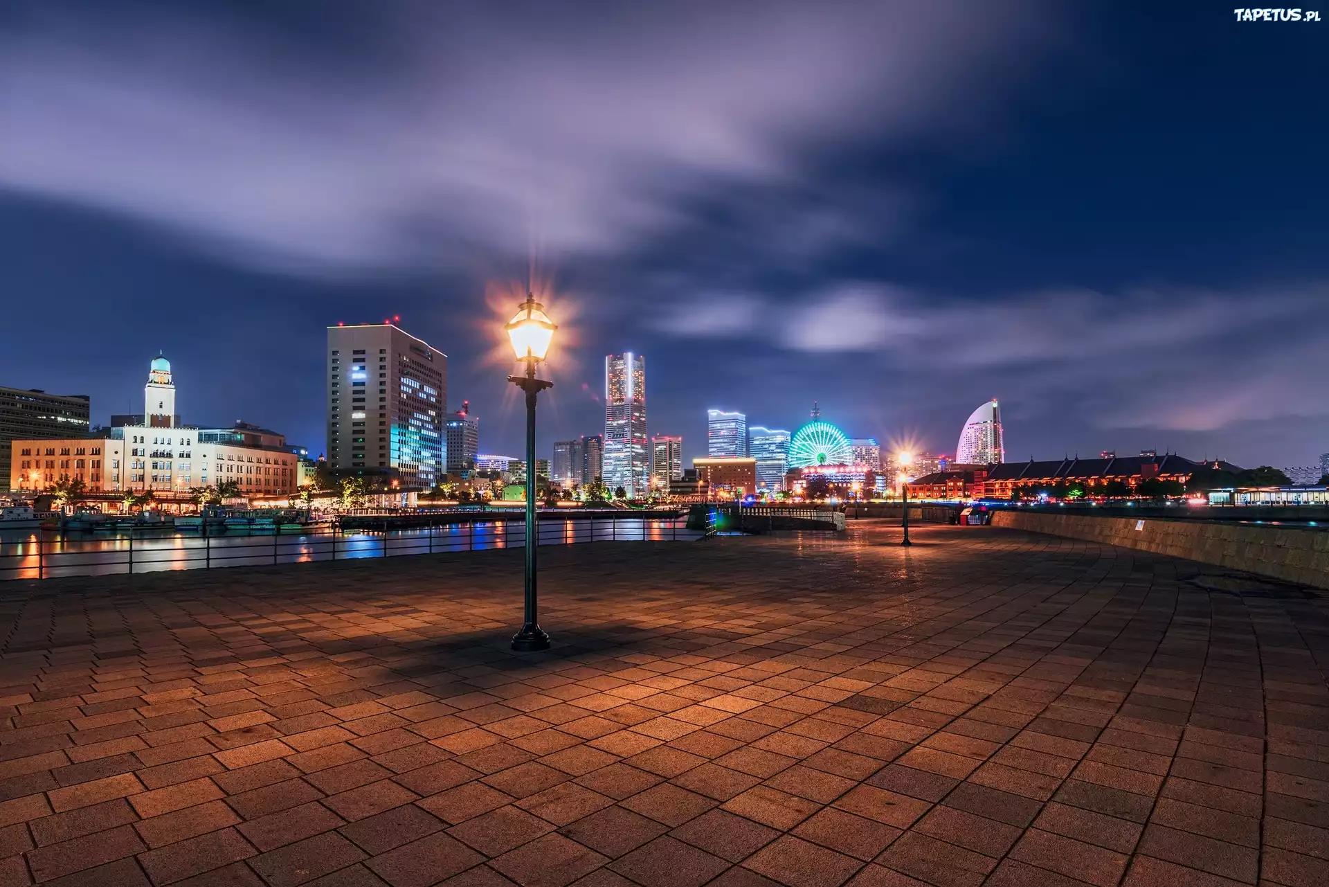 Japonia, Yokohama, Miasto, Nocą, Latarnia