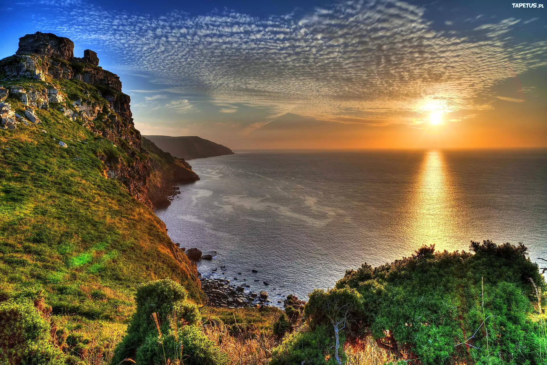 Morze, Wybrzeże, Zachód Słońca, Park Narodowy, Exmoor, Anglia