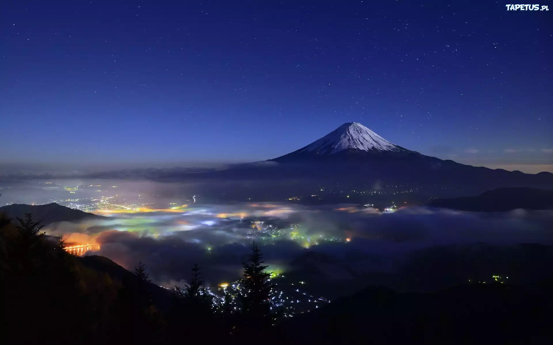 Japonia, Wulkan, Fudżi, Noc, Miasto, Mgła, Drzewa