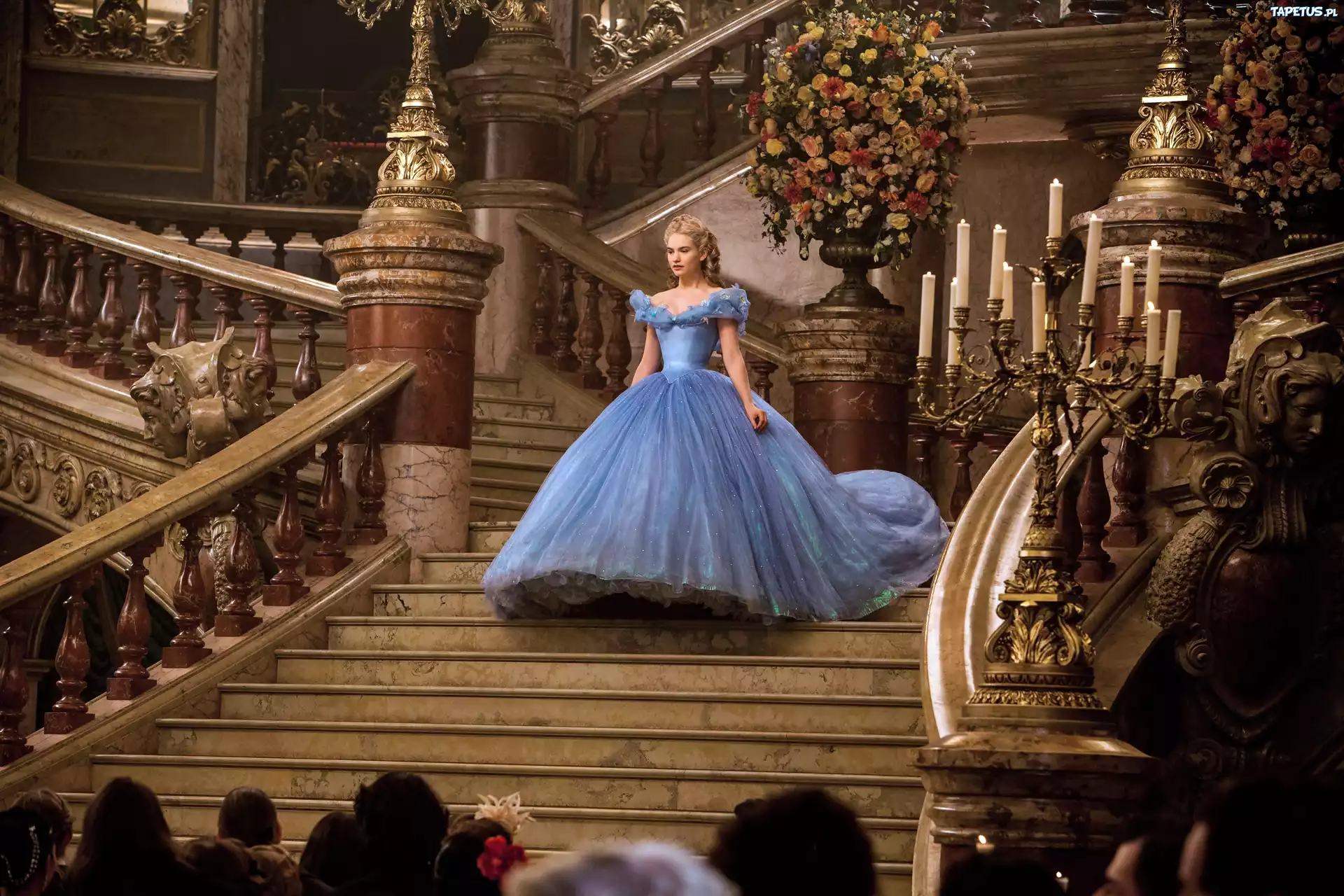 Dziewczyna, Niebieska, Suknia, Schody, Kopciuszek, Lily James