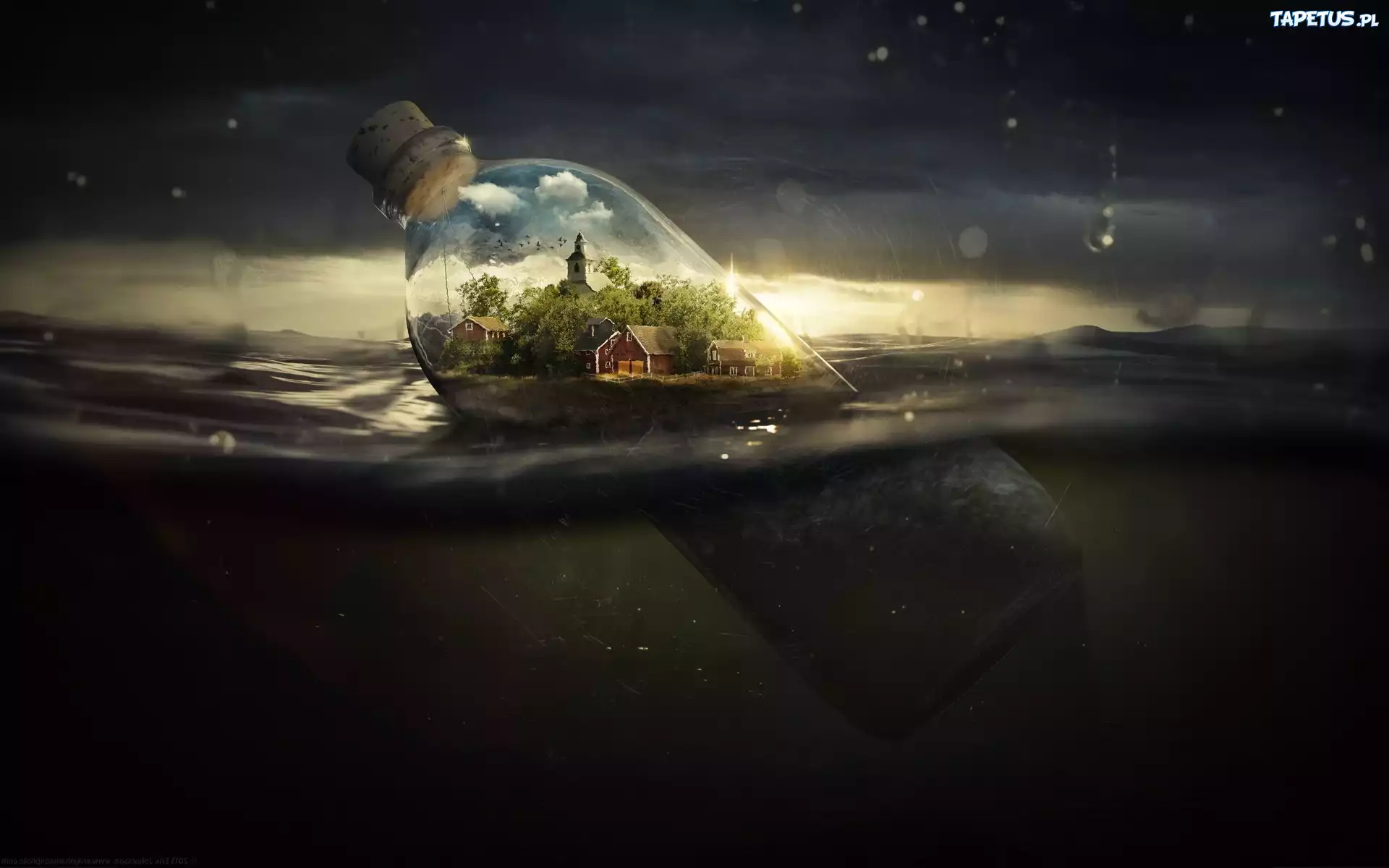 Chmury, Niebo, Ocean, Świat, Butelka, Rafandynka, Fantasy