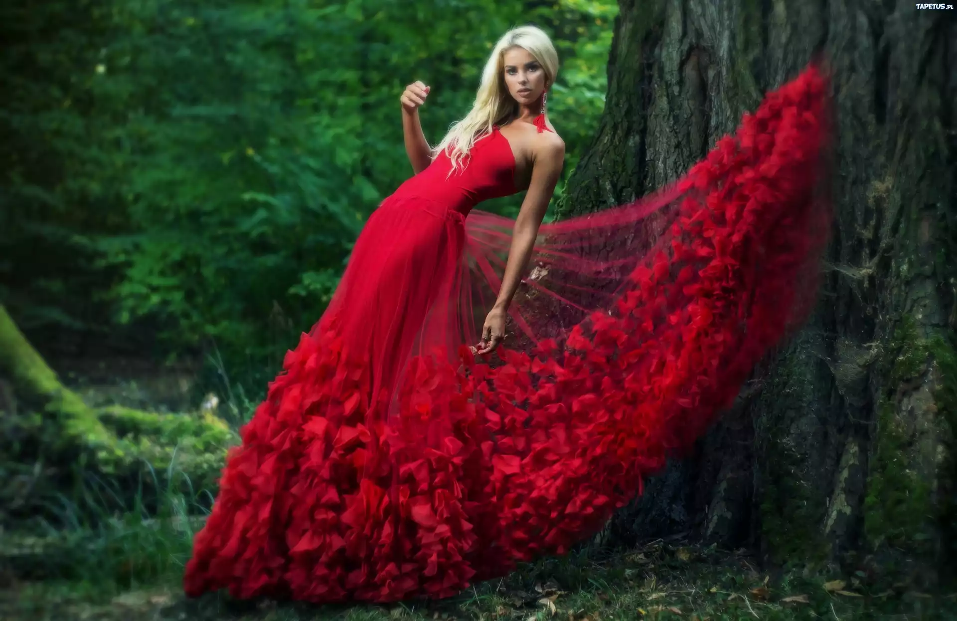 Kobieta, Modelka,Poza,Czerwona, Sukienka, Las, Drzewo