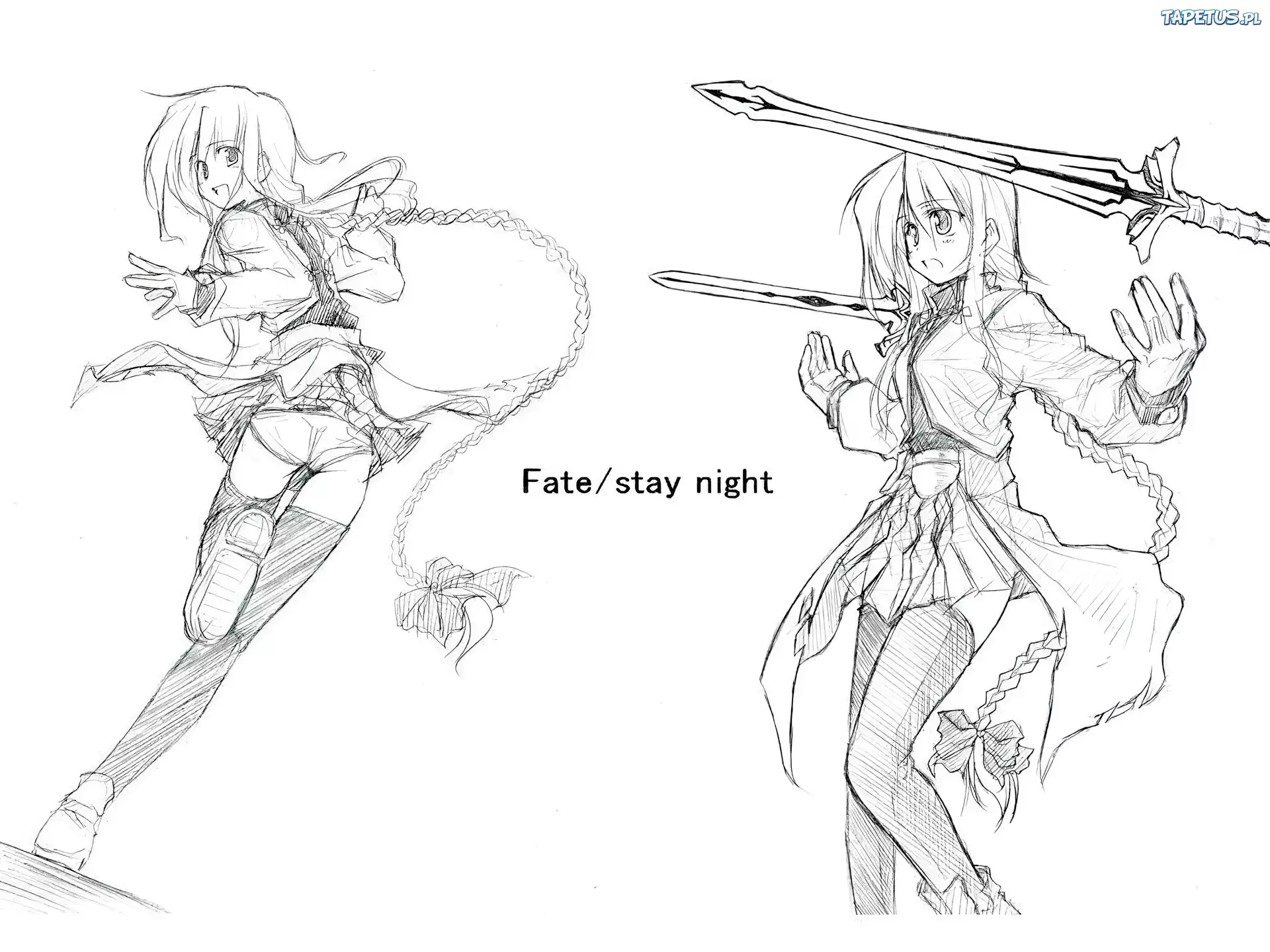Fate Stay Night, szkic, ołówek, kobiety, miecze