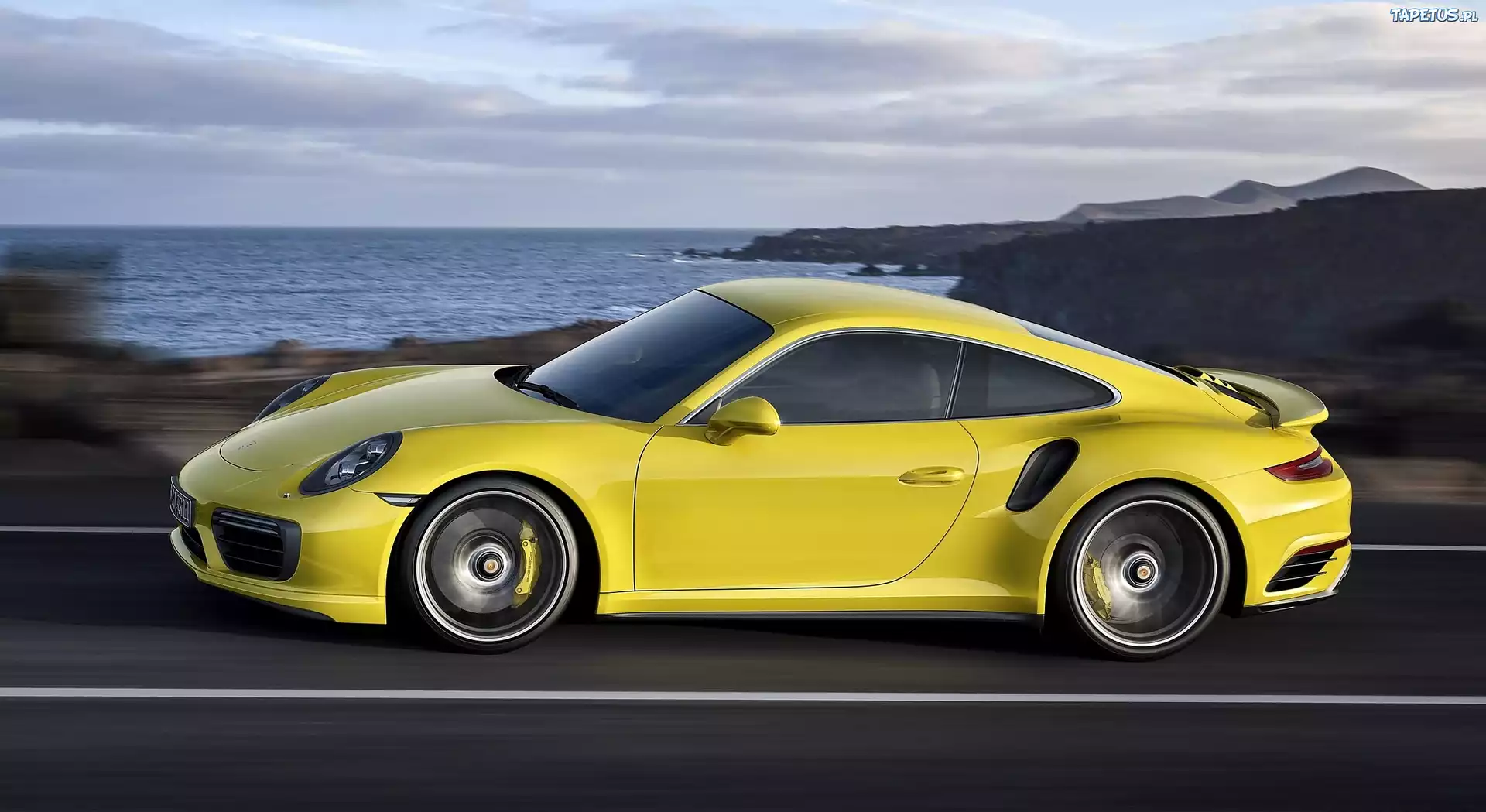 Żółte, Porsche, 911 Turbo, Droga, Jezioro