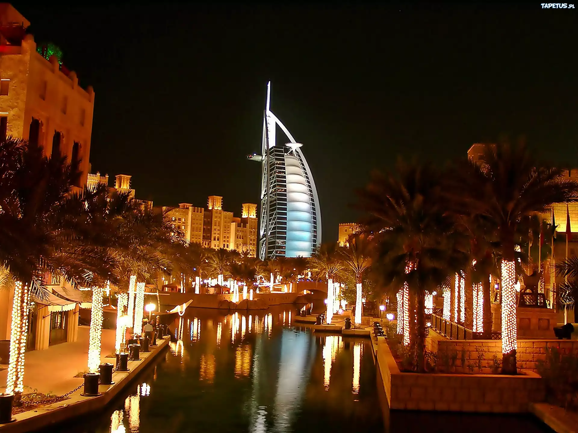 Dubaj, Budynki, Palmy, Miasto Nocą, Emiraty-Arabskie