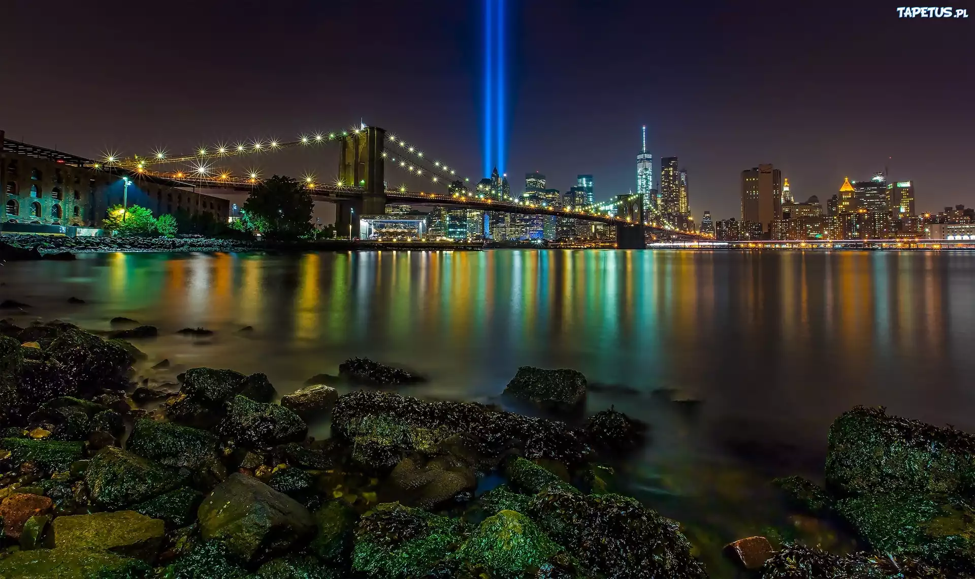 Nowy, Jork, Nocą,Most ,Brooklyn