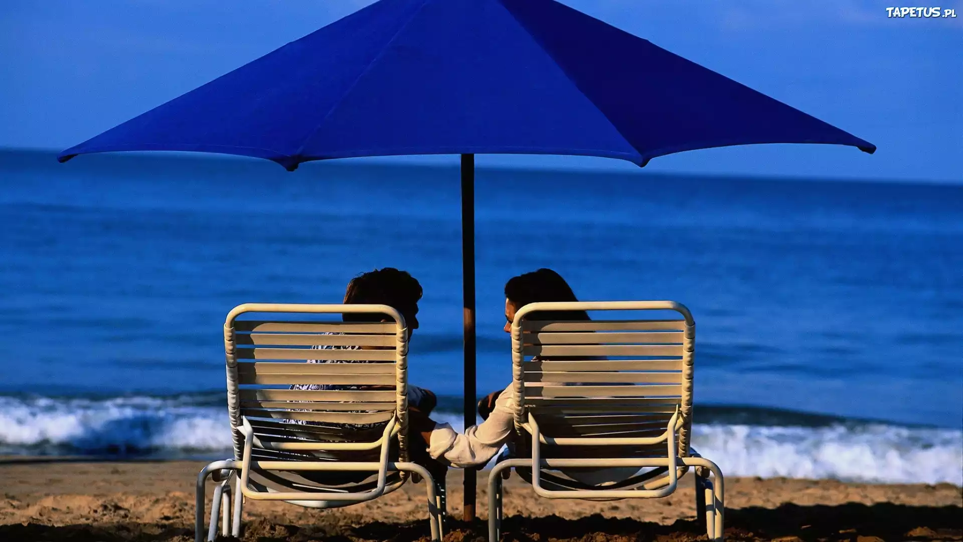 Para, Morze, Plaża, Leżaki, Parasol