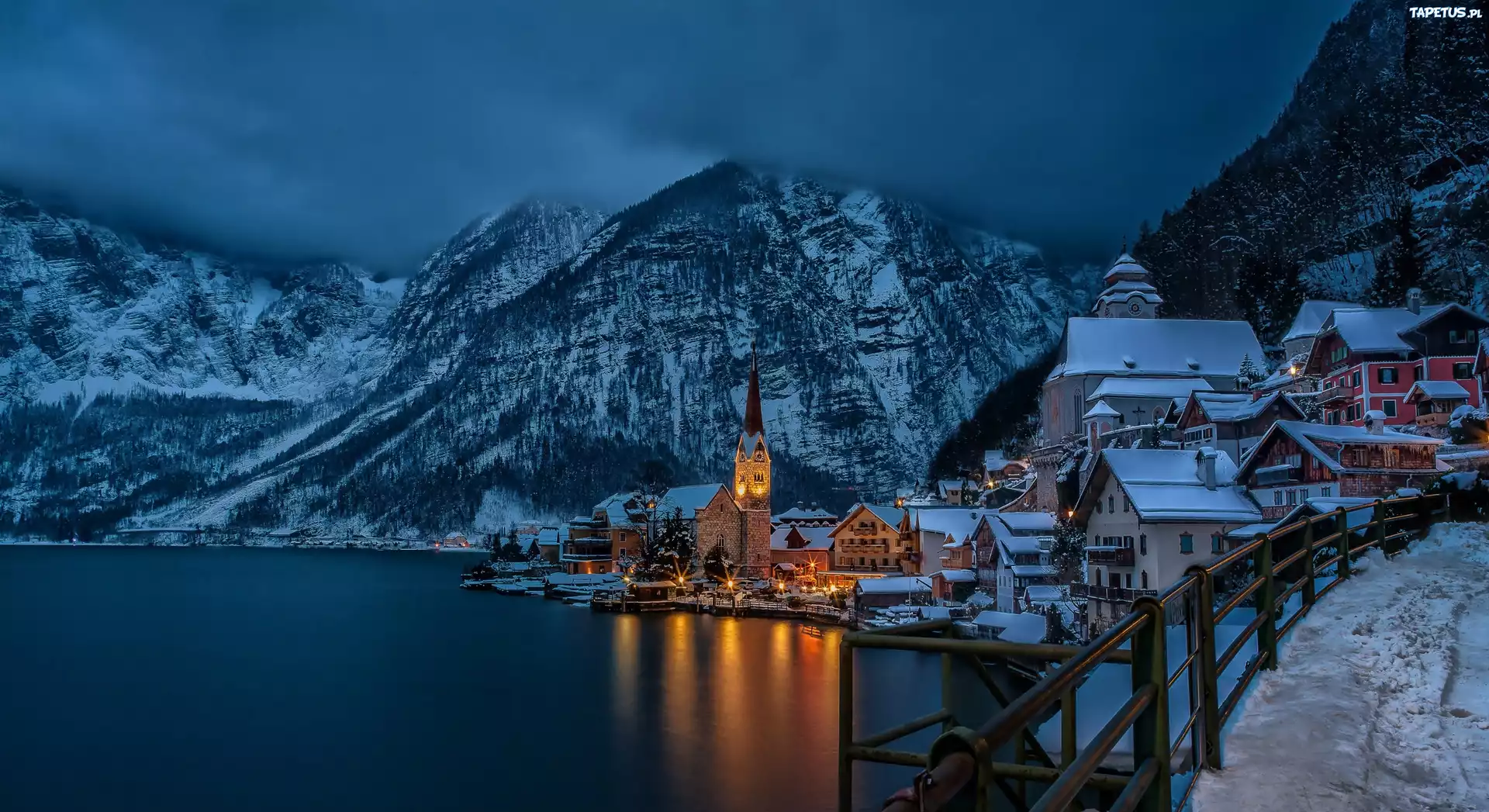 Jezioro, Alpy, Zabudowania, Zimowa, Noc, W, Hallstatt, Austria