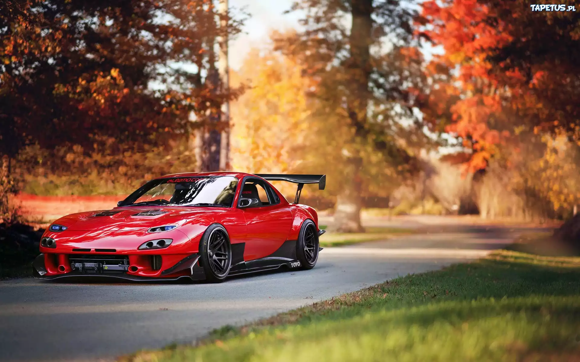 Czerwona, Mazda RX-7, Droga, Drzewa, Jesień