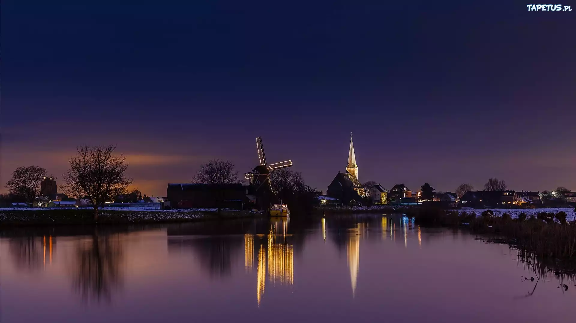Jezioro, Noc, Oświetlony, Kościół, Młyn