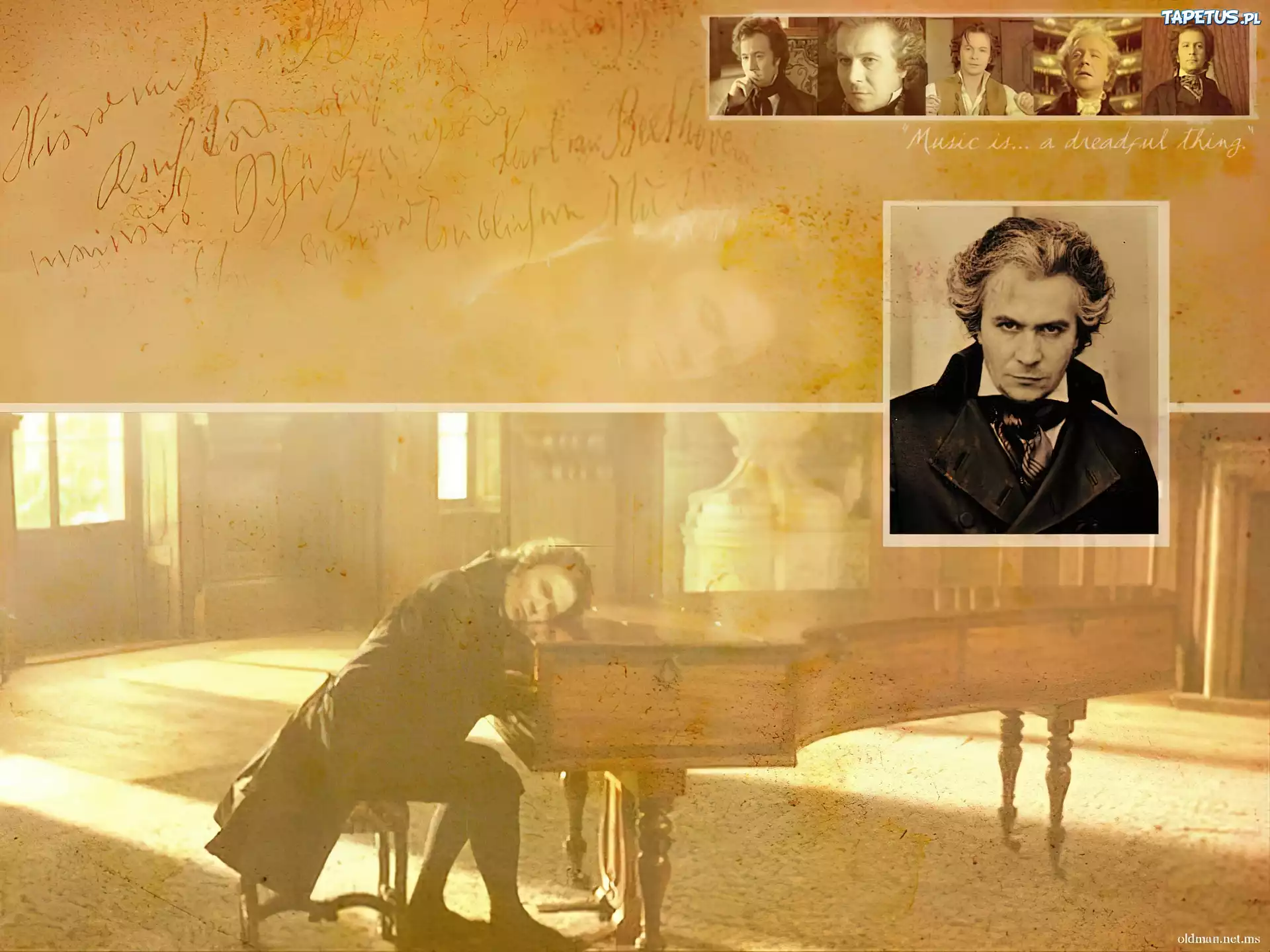 Gary Oldman,pianino, czarny strój