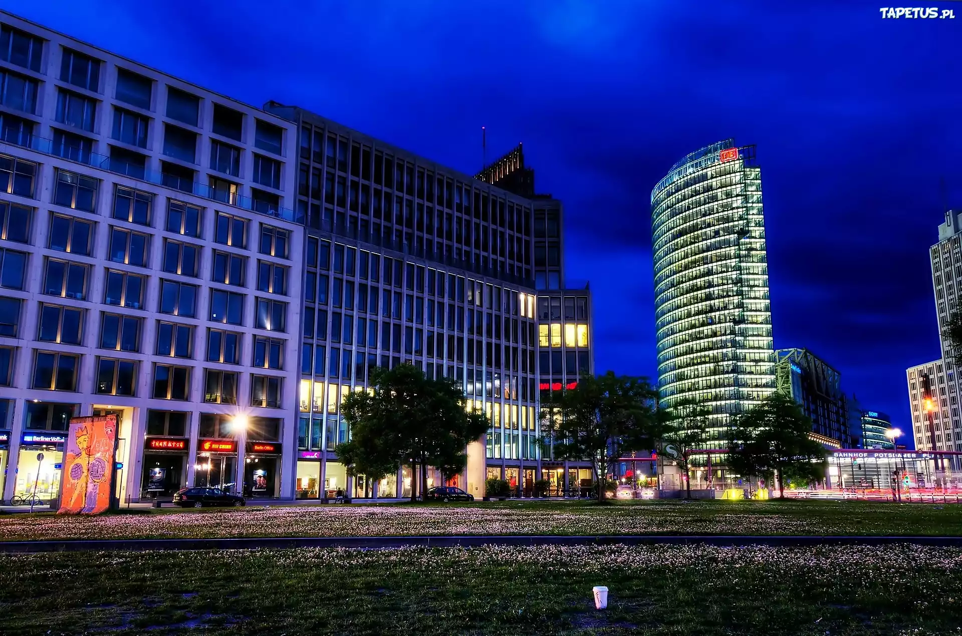 Budynki, Plac Poczdamski, Berlin, Miasto, Nocą