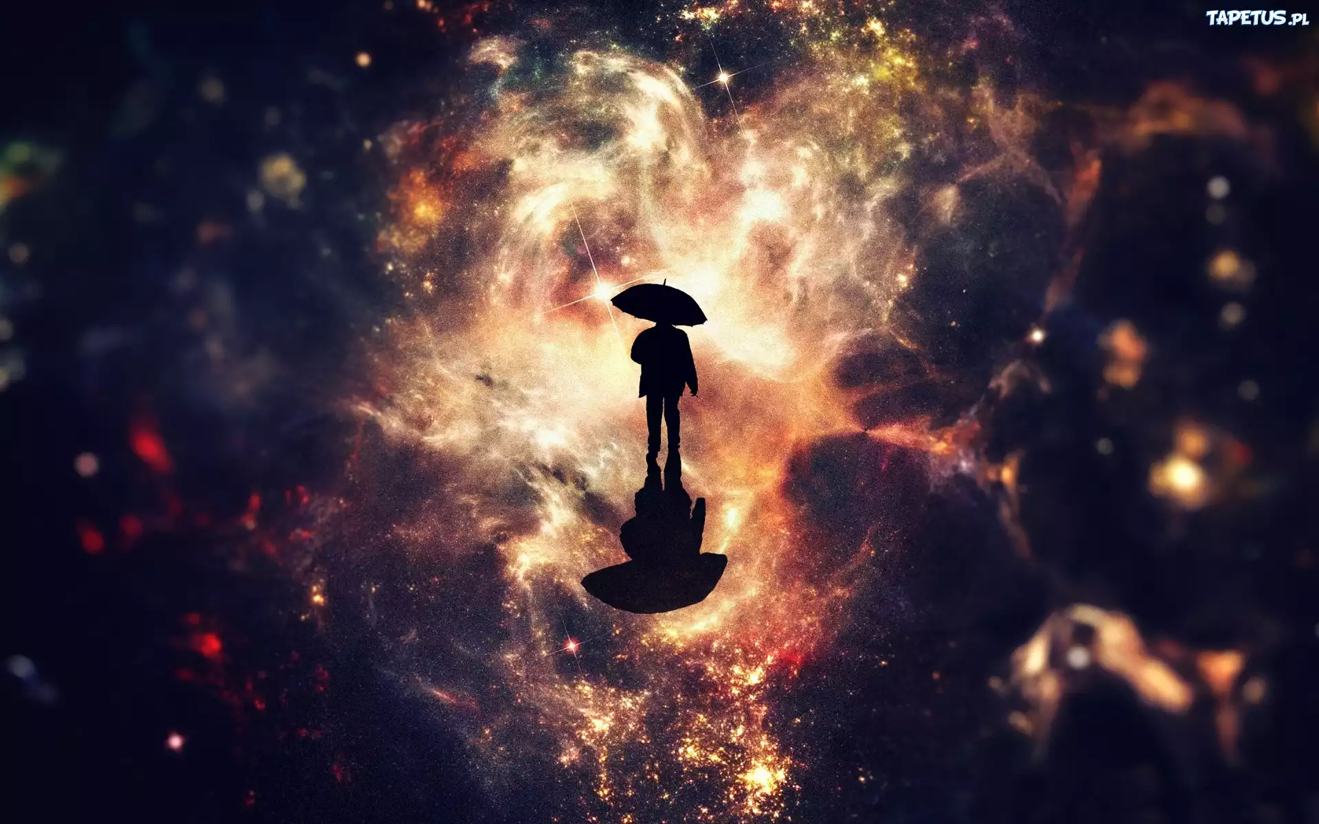 Fantasy, Kosmos, Galaktyki, Mężczyzna, Parasol, Odbicie