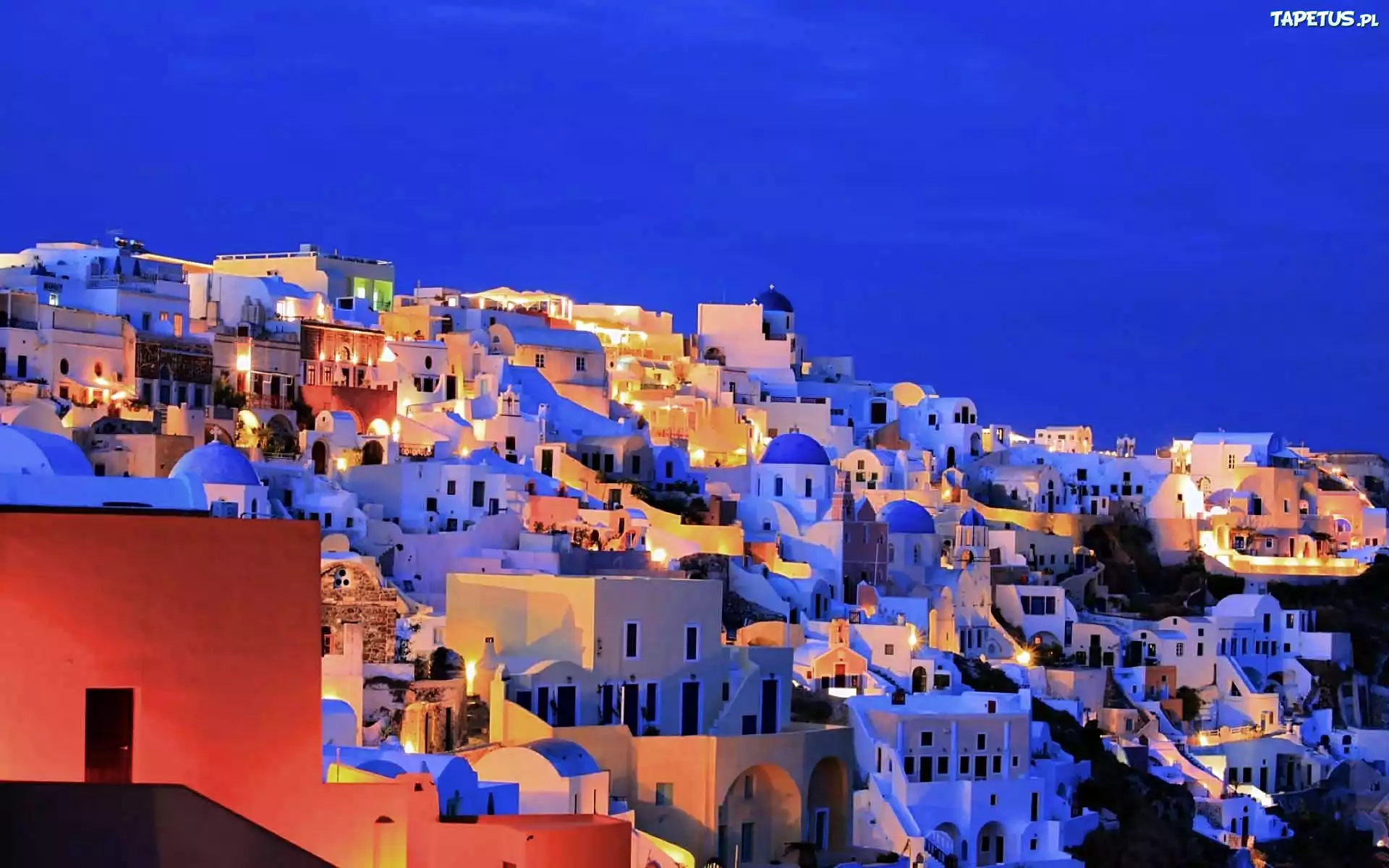 Domy, Nocna, Panorama Miasta, Santorini, Grecja