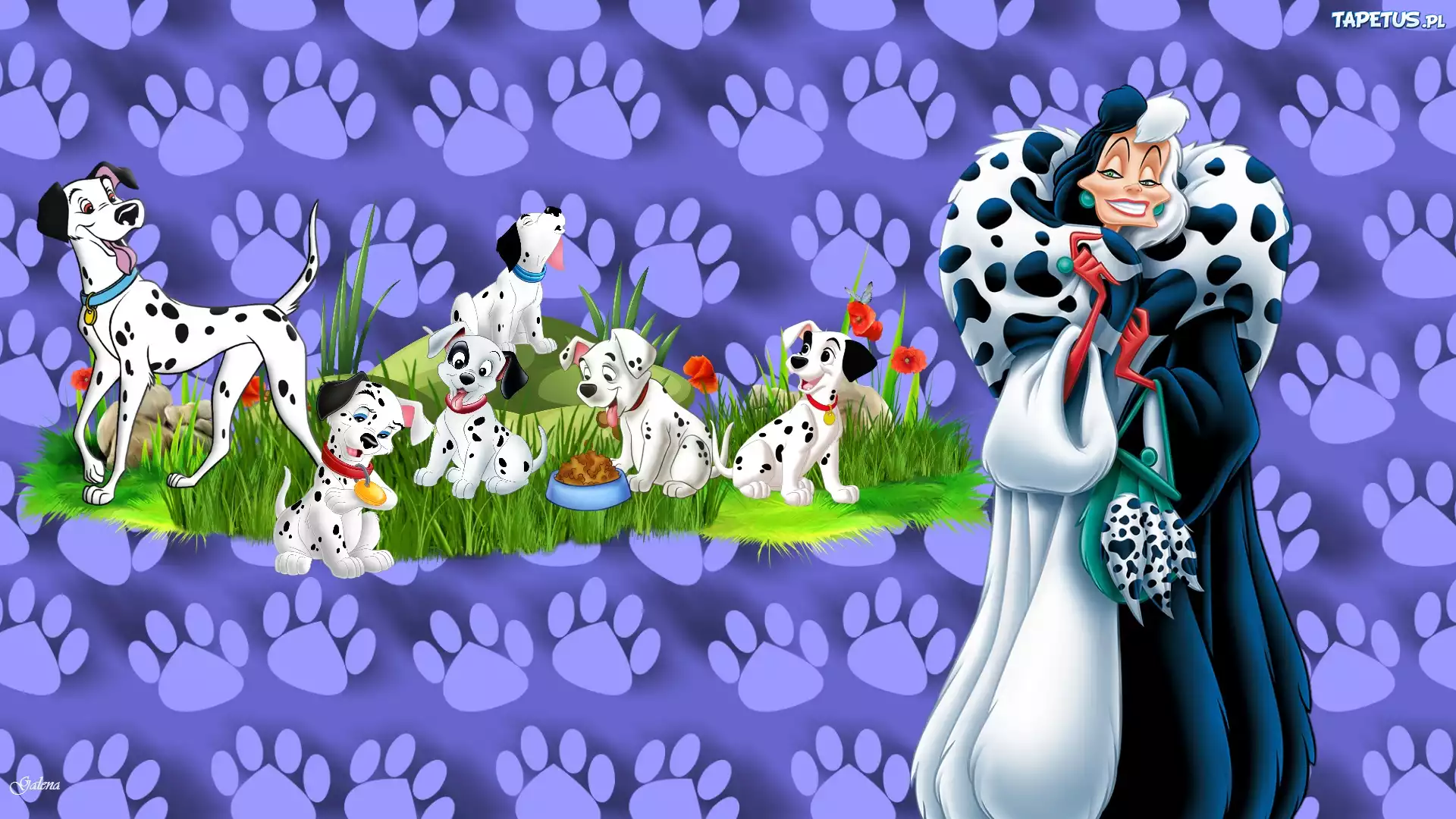 Cruella Demon, Dalmatyńczyki, Psy, Trawa, Łapy, Grafika, Dla dzieci